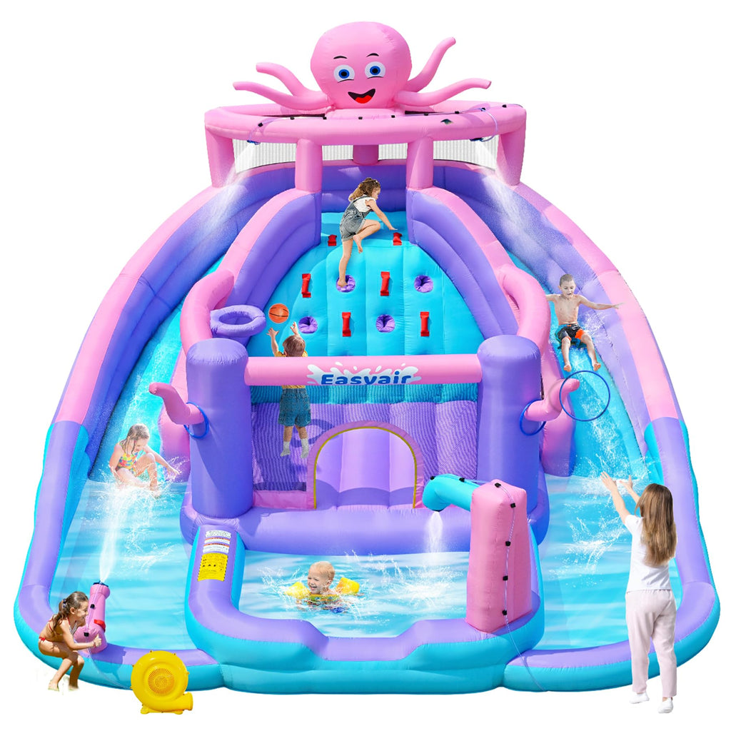 Easyair Inflatable Bounce House Water Slide Combo, Blow Up Water Slides for Backyard, Kids Jumper with Climbing Wall, Basketball Hoop, Splash Pool with Blower