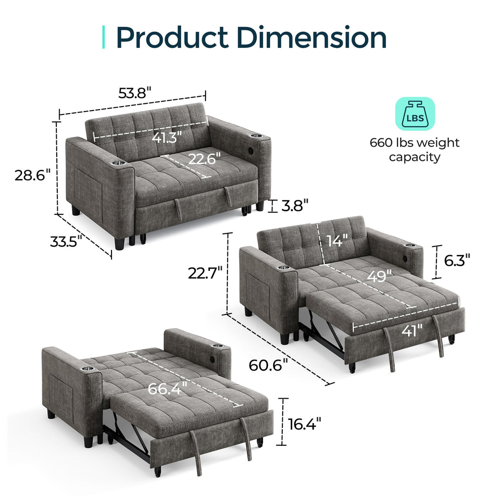 LINSY 54" Pull Out Couch with Charging Station, Small Sleeper Sofa Bed with Cup Holder, 3 in 1 Convertible Loveseat Sleeper Couch for Apartment, Dorm Room, Bedroom and Small Space, Gray