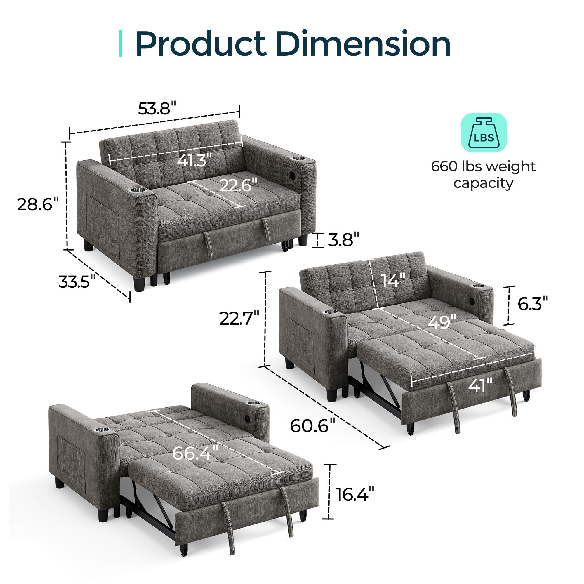 LINSY 54" Pull Out Couch with Charging Station, Small Sleeper Sofa Bed with Cup Holder, 3 in 1 Convertible Loveseat Sleeper Couch for Apartment, Dorm Room, Bedroom and Small Space, Gray