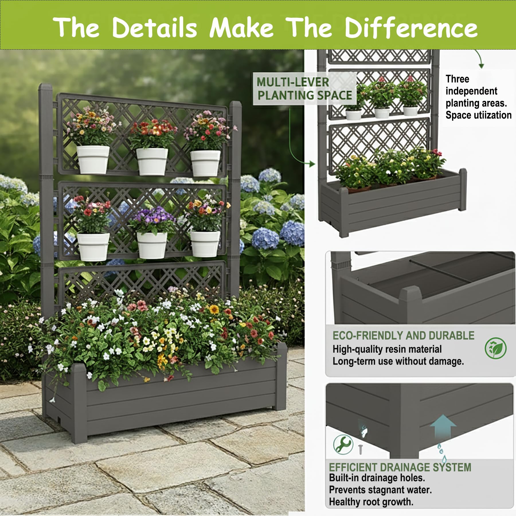 Tramull 5.' Tall Raised Garden Bed with Trellis, Self Watering Planter Box for Outdoor Climbing Plants Resin Garden Lattice for Vegetables, Flowers, Tomato & Vine with Drainage Holes (Coffee, 2 Pack)
