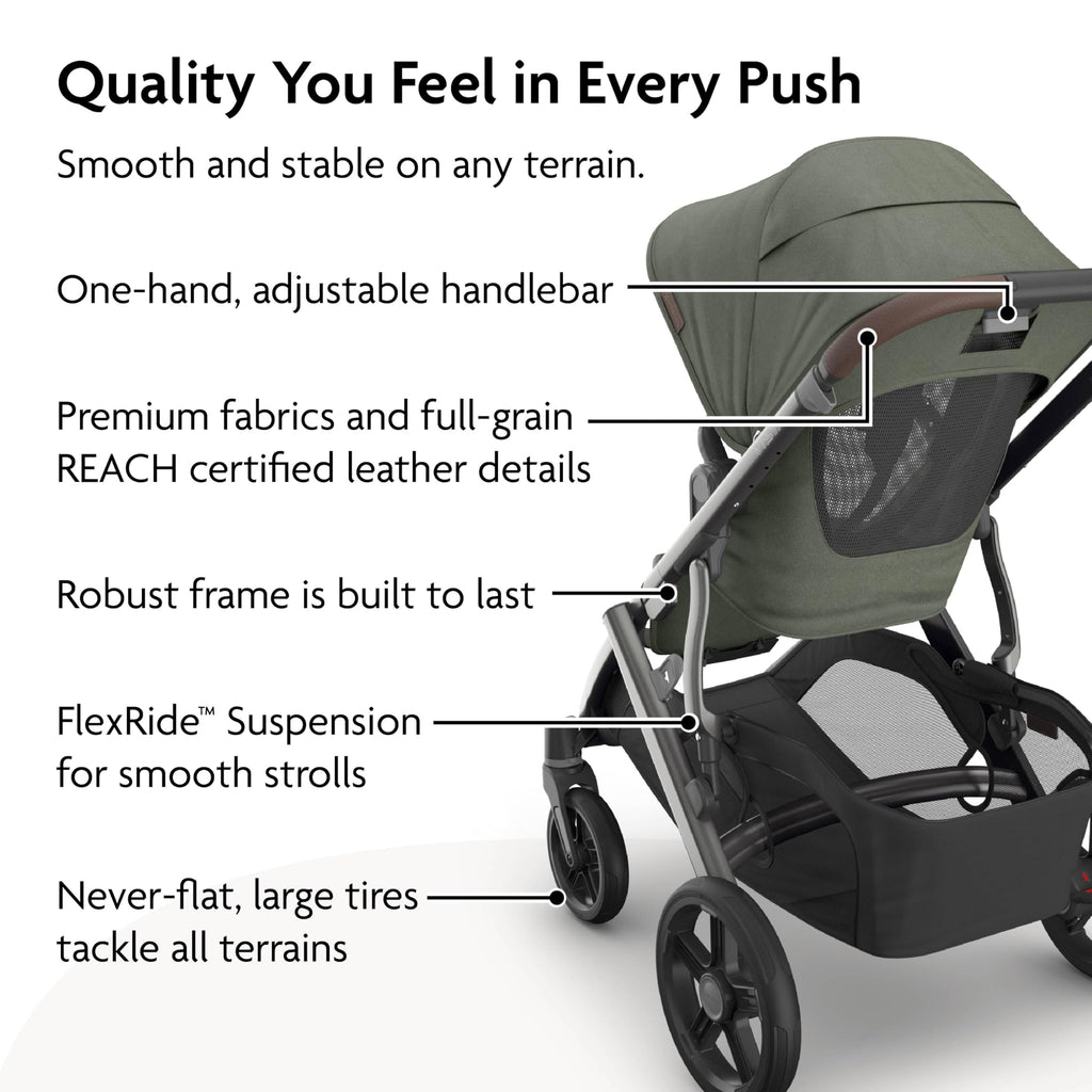 UPPAbaby Vista V3 Full-Size Single-to-Double Stroller System, Toddler Seat, Bug & Rain Shields, Storage Bag Included, Evelyn (Meadow Green/Graphite Frame/Chestnut Leather)