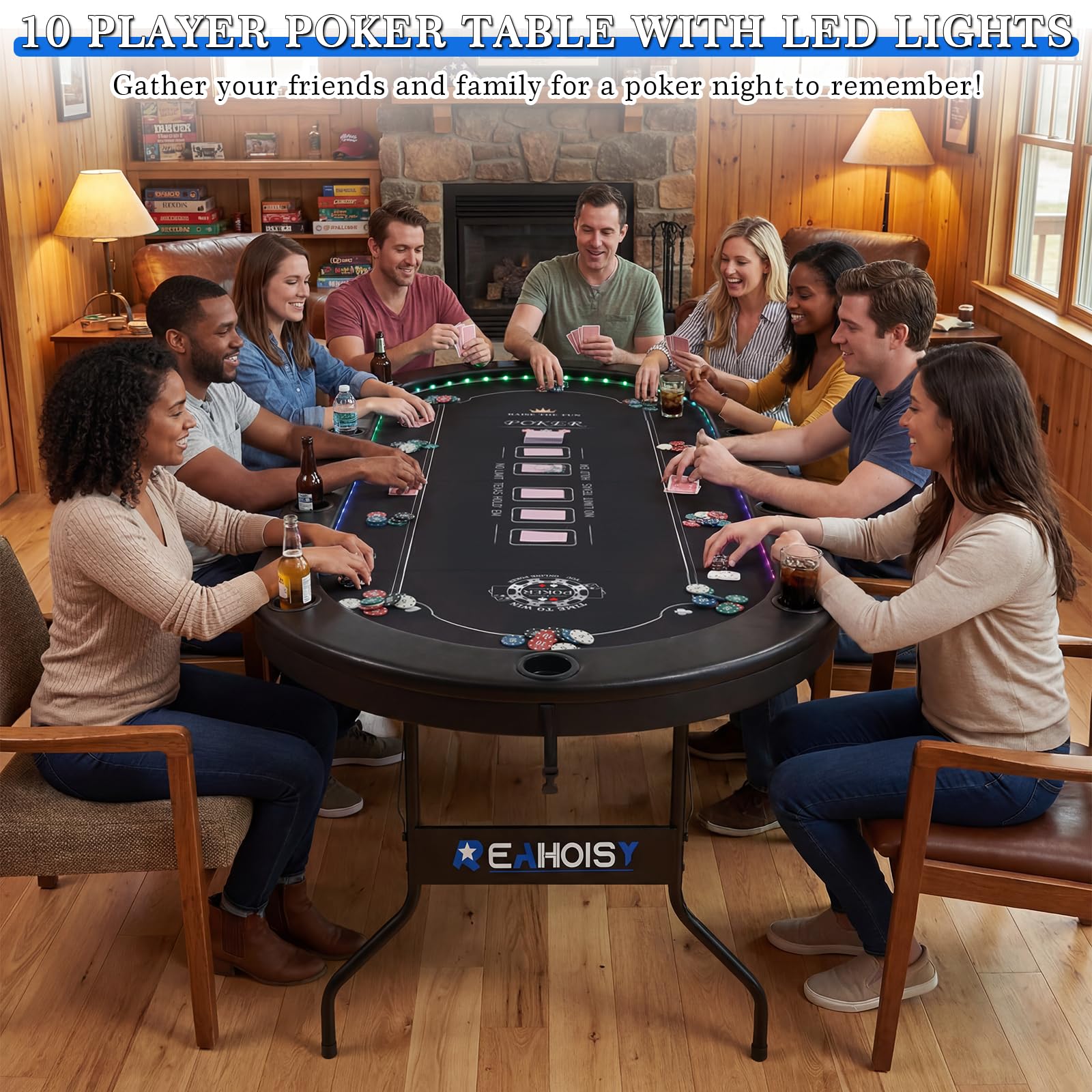 REAHOISY LED Poker Table for 10 Players, 84" Oval Foldable Texas Holdem Casino Table with Tri-Color LED Lights, Board Game Table for Home Game Room with 10 Cup Holders and Padded Armrests
