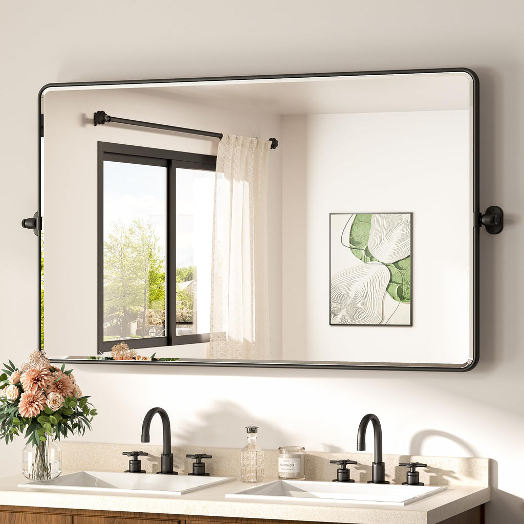 TETOTE Black Pivot Bathroom Mirror 48 x 30 Large Tilting Wall Beveled Mirror, Metal Framed Rectangle Vanity Mirror, Modern Farmhouse Adjustable Tilted Mirror, Horizontal/Vertical, Tempered Glass