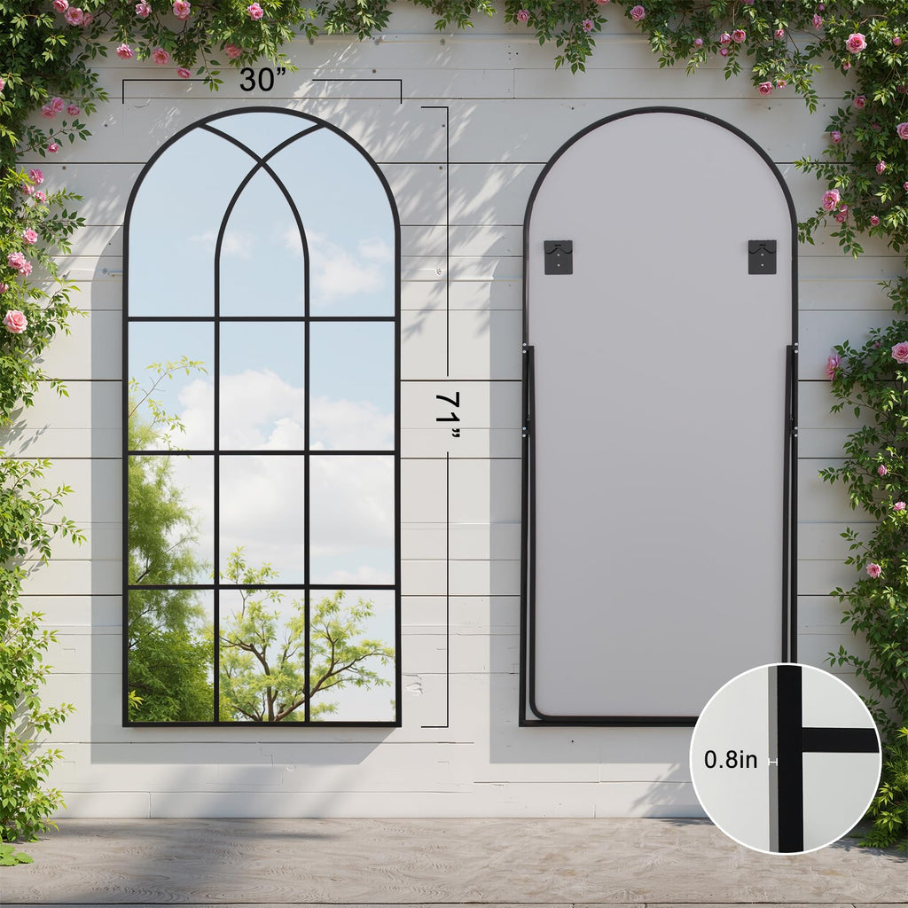 Arched Window pane Full Length Mirror 30"x71", Full Body Standing Mirror, Window Shaped Farmhouse Style with Aluminum Frame, Decor Wall Mirrors for Living Room, Courtyard, Bedroom, Entryway, Black