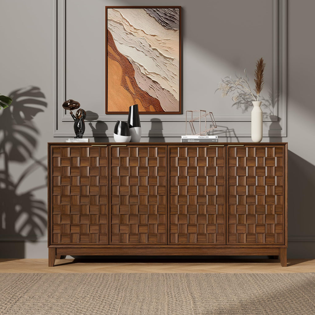 MALOL Fluted Sideboard Buffet Cabinet with Storage, 59" Wood Buffet Table with 4 3D-Checkerboard Doors & Adjustable Shelves, Kitchen Dining Room Coffee Bar Cabinet, Mid Century Modern Style, Walnut