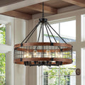 Faibra 10-Light Farmhouse Drum Wood Pendant Light,32'' Vintage Rustic Brown Oak Wood Chandeliers,Retro Industrial Hanging Light Fixtures for Dining Room Entryway, Bedroom