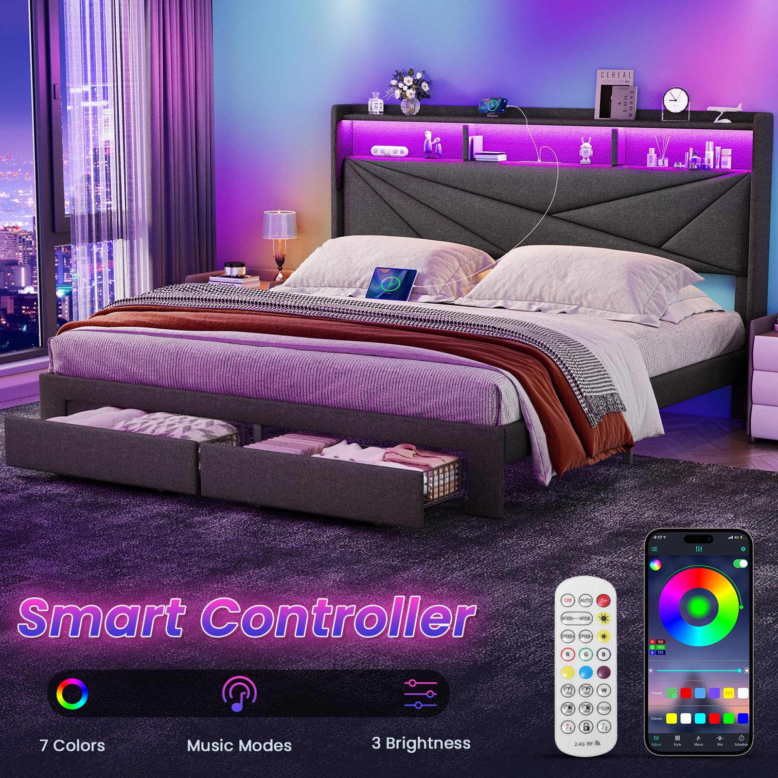 Driftalia King Size Bed Frame with 2-Tier Storage Headboard, Upholstered King Bed Frame with 2 Drawers, Charging Station and LED Lights, No Box Spring Needed, Easy Assembly - Dark Grey