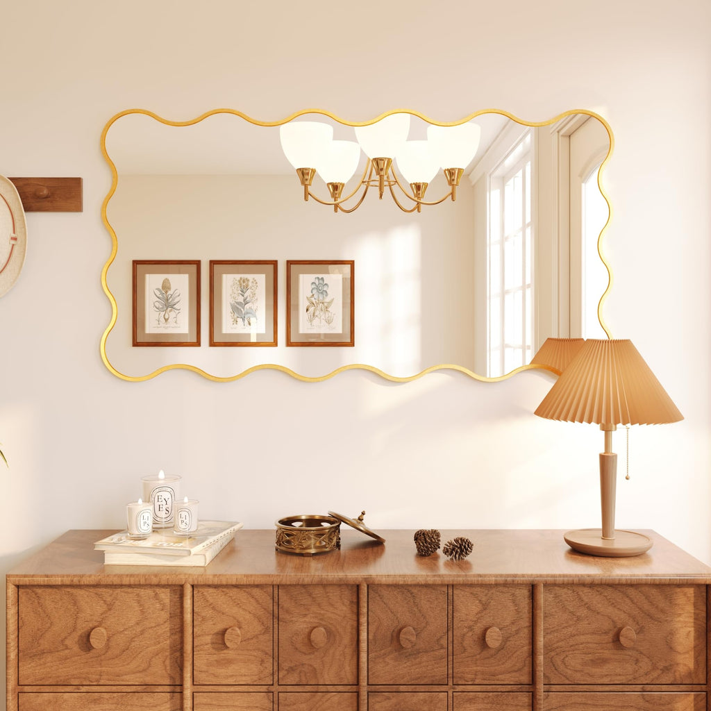 Kelly Miller 28x50 Inch Gold Scalloped Mirror, Large Rectangular Wavy Edge Bathroom Vanity Wall Mirror Decorative for Bedroom Living Room Entryway Fireplace Mantle