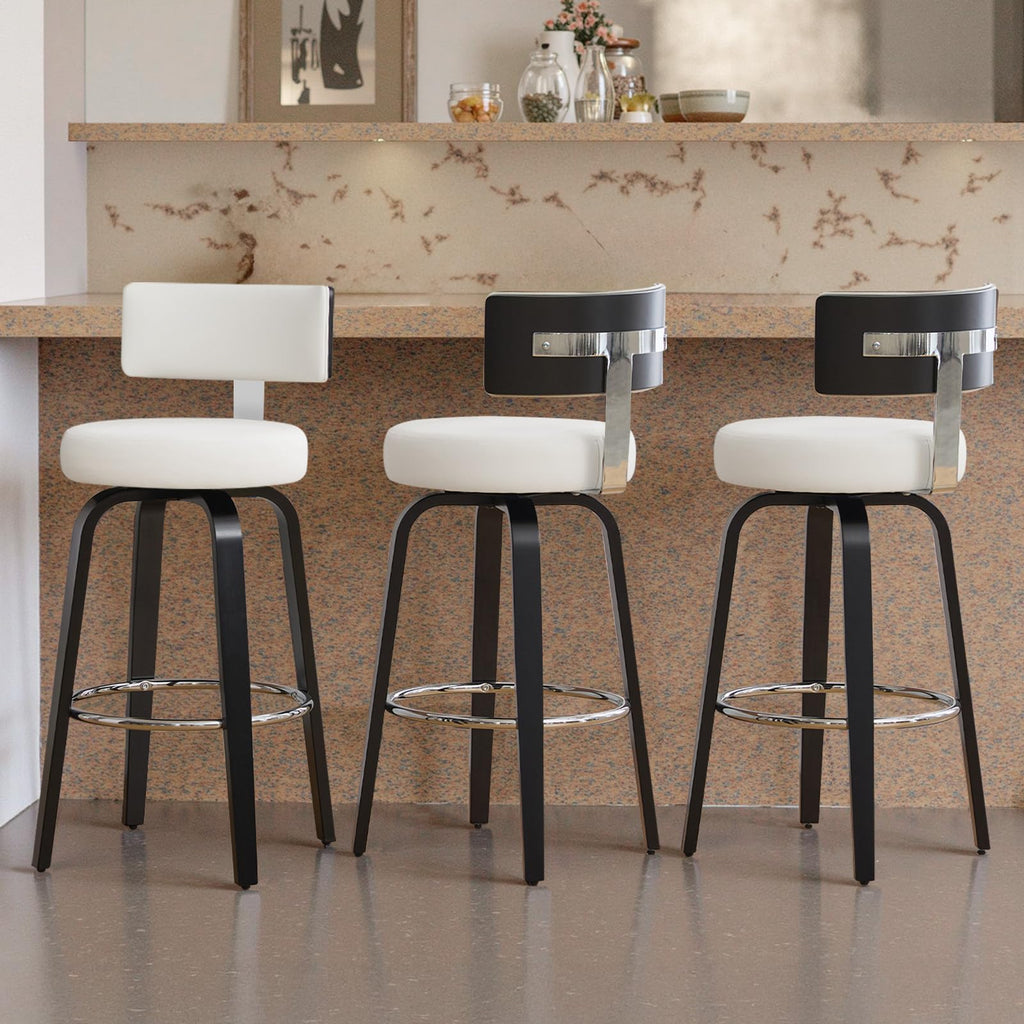 WOOW DEPOT Swivel Counter Height Bar Stools Set of 3, 29" Upholstered Faux Leather Barstools with Back, Mid Century Modern Counter Stools with Black Walnut Wood Legs for Kitchen Island, White