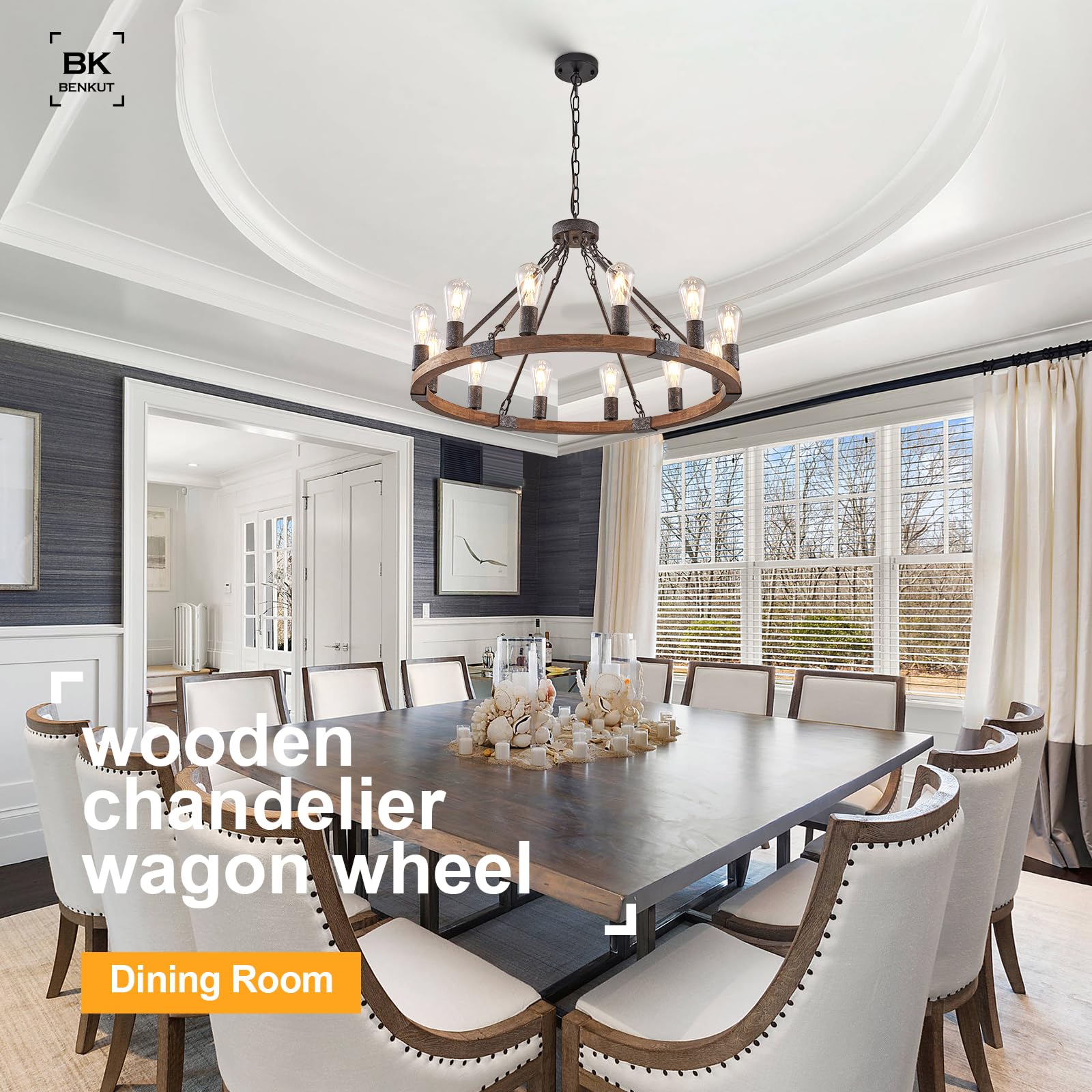 Benkut Farmhouse Wagon Wheel Chandelier 31" Black Rustic Light Fixtures 12-Light Wood Round Chandelier for Dining Room Living Room Entryway Foyer