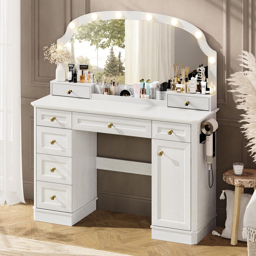 AMBERHAUS Farmhouse Makeup Vanity Desk with Mirror and Lights, 47'' Vanity Table with 8 Storage Drawers 1 Cabinet & 2 Organizer Trays, Big Dressing Table with Charging for Bedroom Classic White