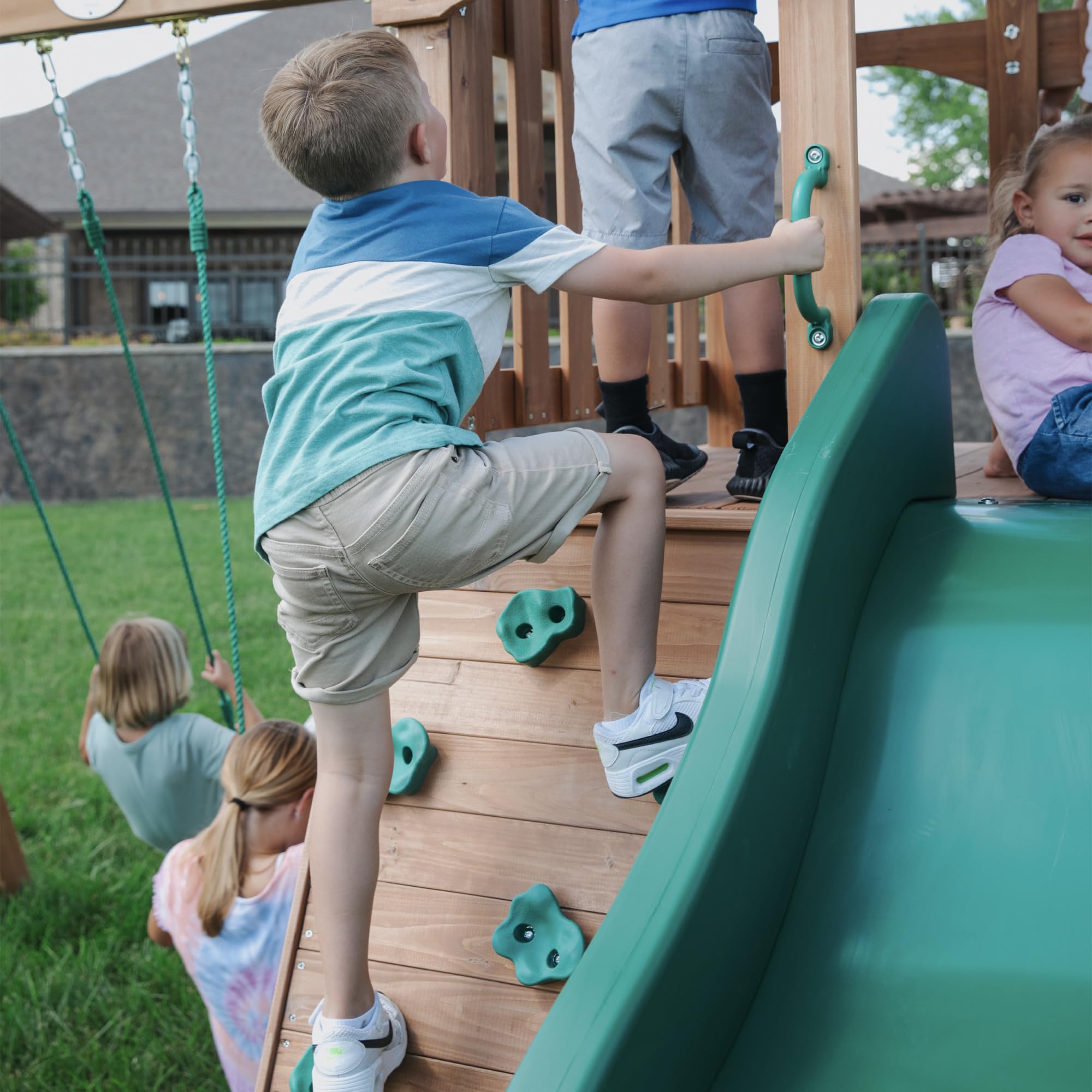 Backyard Discovery Lightning Ridge Cedar Wood Swing Set with Wave Slide, Play Deck, Rock Wall, Sandbox, Belt Swings, Toy Telescope, Steering Wheel, Step Ladder, Outdoor Playset