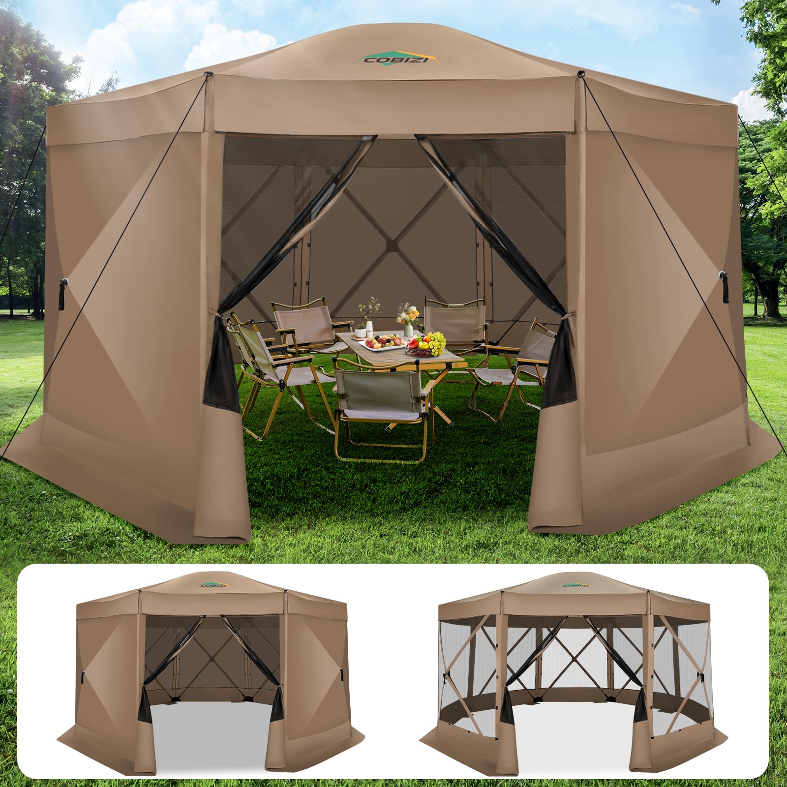 COBIZI 15x15FT Pop Up Gazebo Screen Tent Screen House for Camping, Screen Room with Mosquito Netting, Hub Tent Instant Screened Canopy with Carrying Bag and Ground Stakes, Khaki