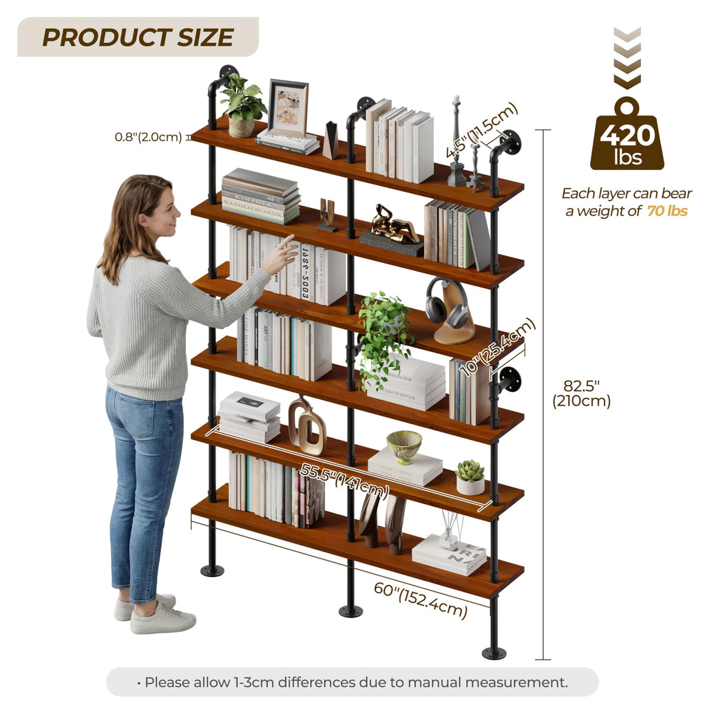 Anynice 6-Tier Ladder Shelf with Warm LED Light Strip, Solid Pine Wood Wall Mounted Bookshelf in Walnut Brown, 60-Inch Industrial Pipe Bookcase for Living Room, Bedroom, Home Office