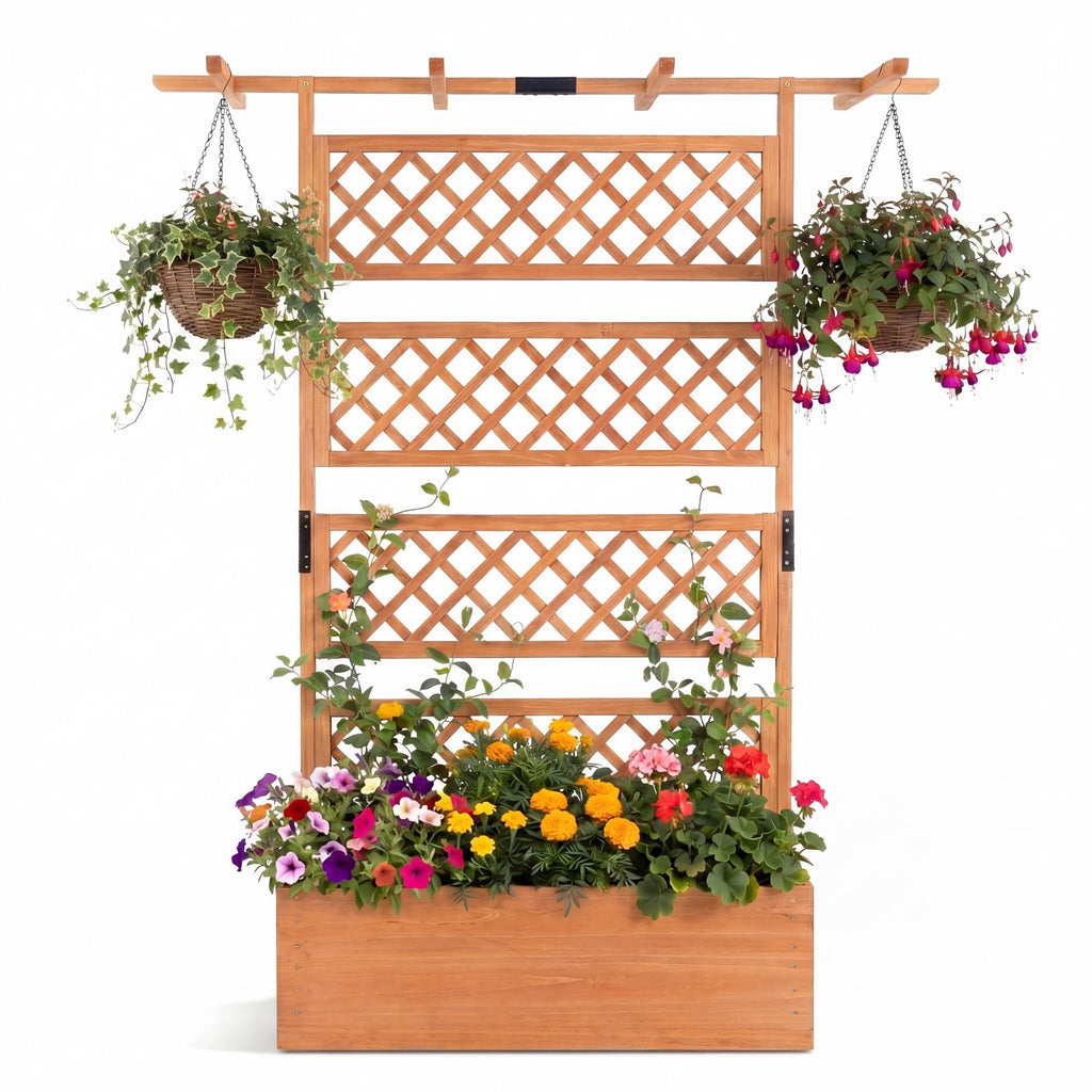 COSTWAY Wooden Raised Garden Planter with Trellis and Roof, 72" Freestanding Privacy Screen & Climbing Plant Support for Outdoor Patio, Balcony, Vegetable, Herb, and Flower Gardening (Brown,2)
