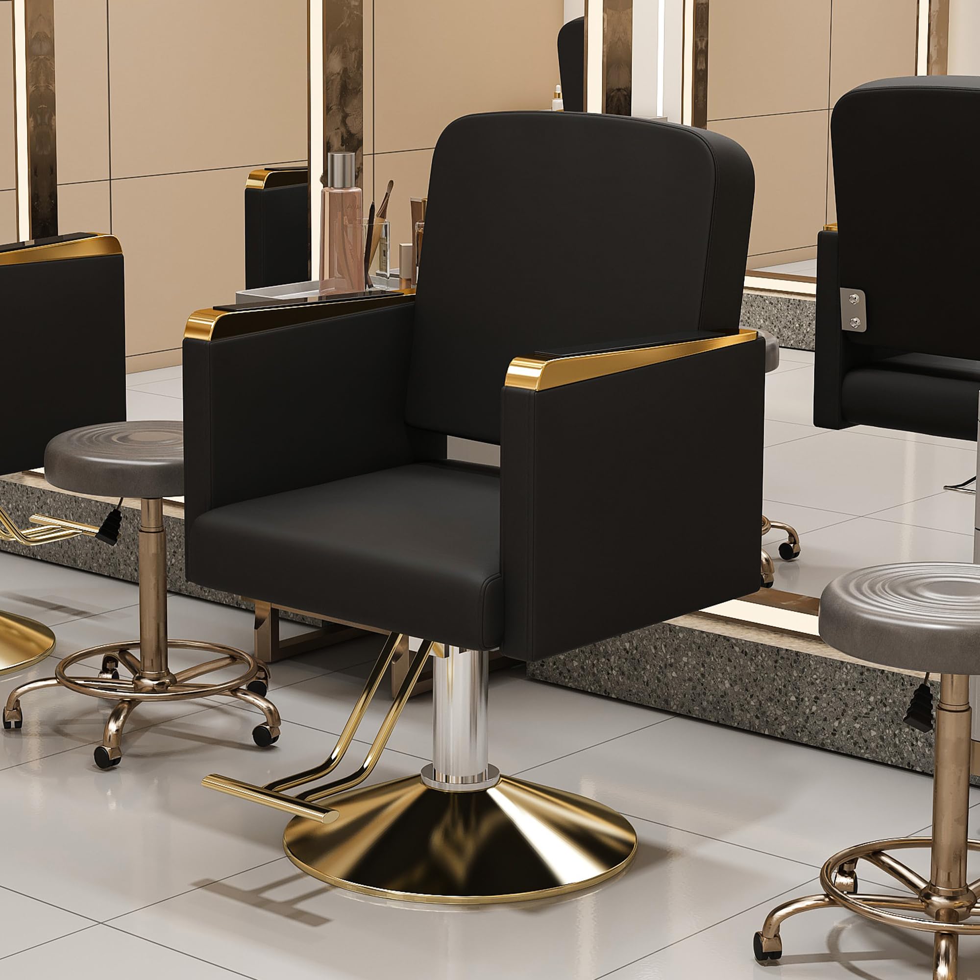 KEIKI Professional Salon Chair, 360° Swivel Hydraulic Barber Chair, Non-Tilting Styling Chair for Hair Salon, Tattoo & Beauty Spa, Black & Gold