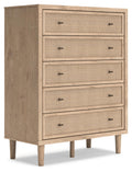 Signature Design by Ashley Cielden Contemporary Chest of Drawers with Textured Cane Details and 5 Drawers, Bronze Knobs, Wood, 52.48" High, Light Brown