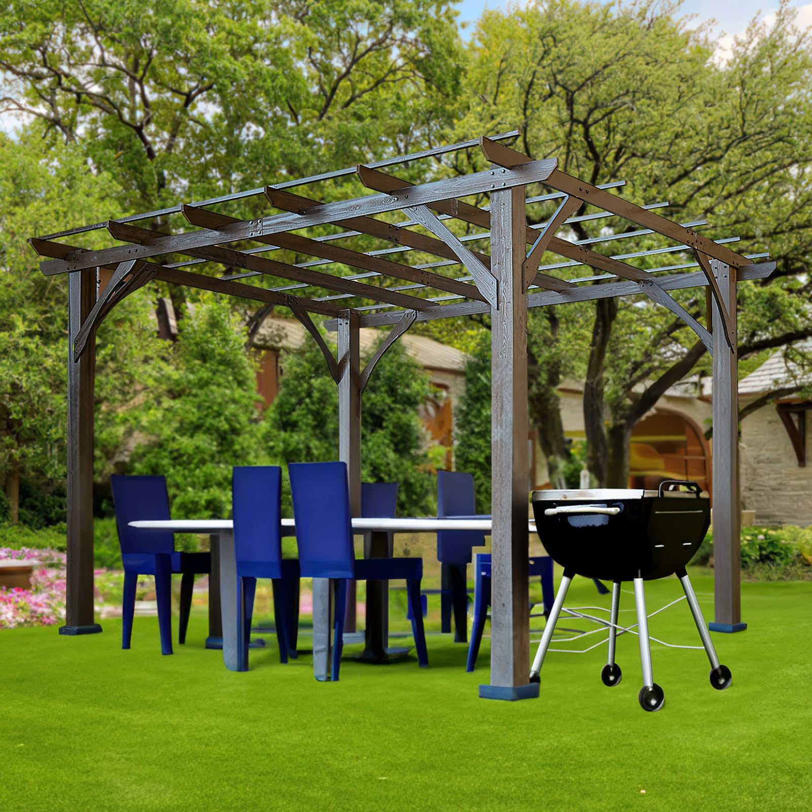 Endark 12 * 10FT Cedar Wood Pergola, Wind Secure, Strong, Quality Made, Rot Resistant, Concrete Anchors, Spacious for Outdoor Patio, Deck