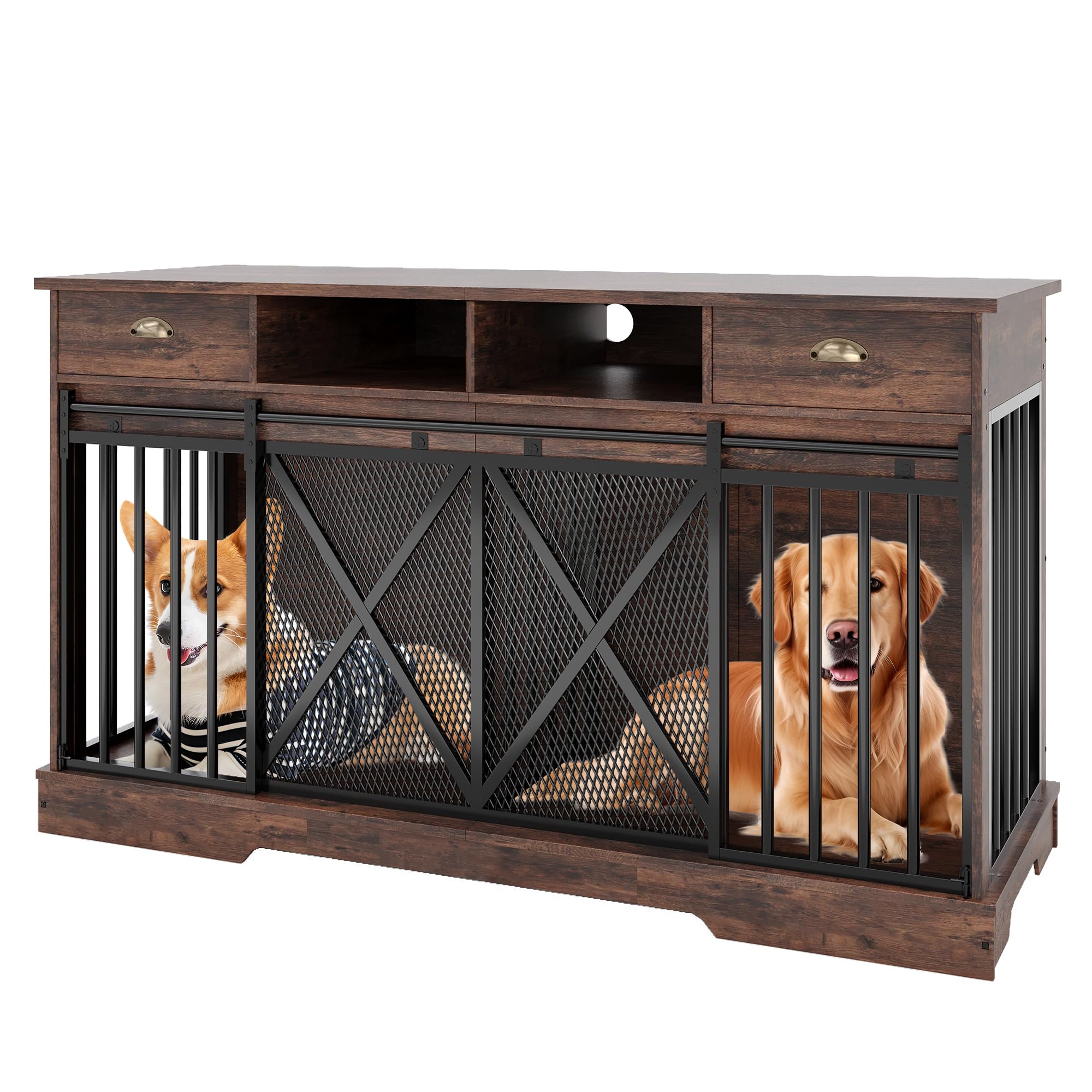 Garvee Double Dog Crate Furniture, 63” Large Dog Kennel Furniture with Divider and Sliding Doors, Heavy Duty Dog Kennel Furniture with Drawers and Shelves for Living Room, Retro Brown