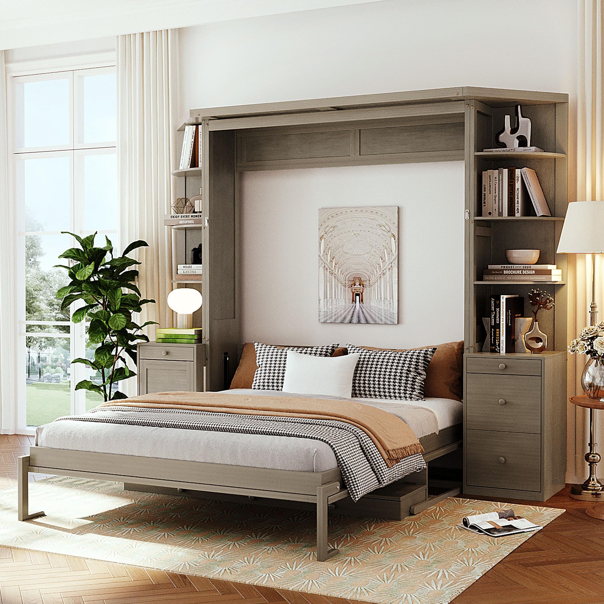 Merax Queen Murphy Bed with Desk and Storage, Hidden Wall Bed with Foldout Workstation, Shelves and Cabinets for Space-Saving Home Office, Gray