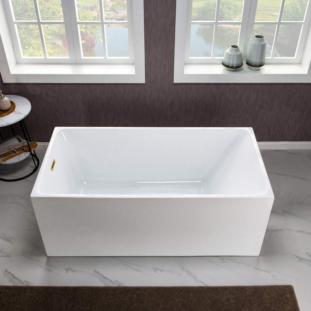 WOODBRIDGE 59" Acrylic Freestanding Bathtub Contemporary Soaking White Tub with Brushed Gold Overflow and Drain，B0085-BG-Drain&O