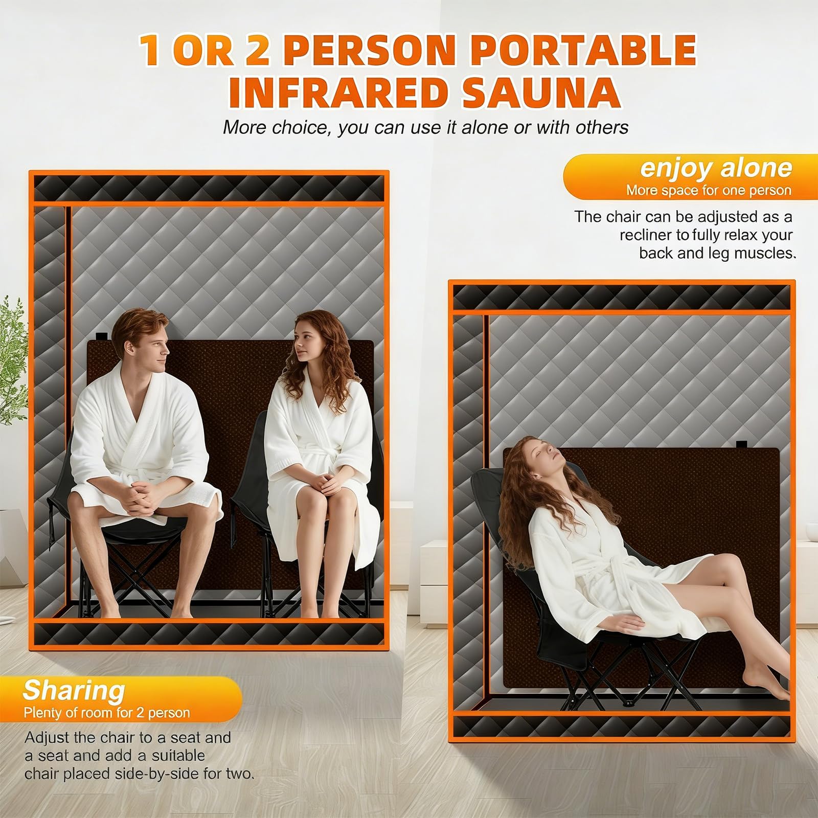 Smartmak Portable Infrared Sauna, 1-2 Person Oversize Infrared Sauna Box, Personal Indoor Home Dry Sauna Tent, with Adjustable Folding Chair, Remote Control, LED Light