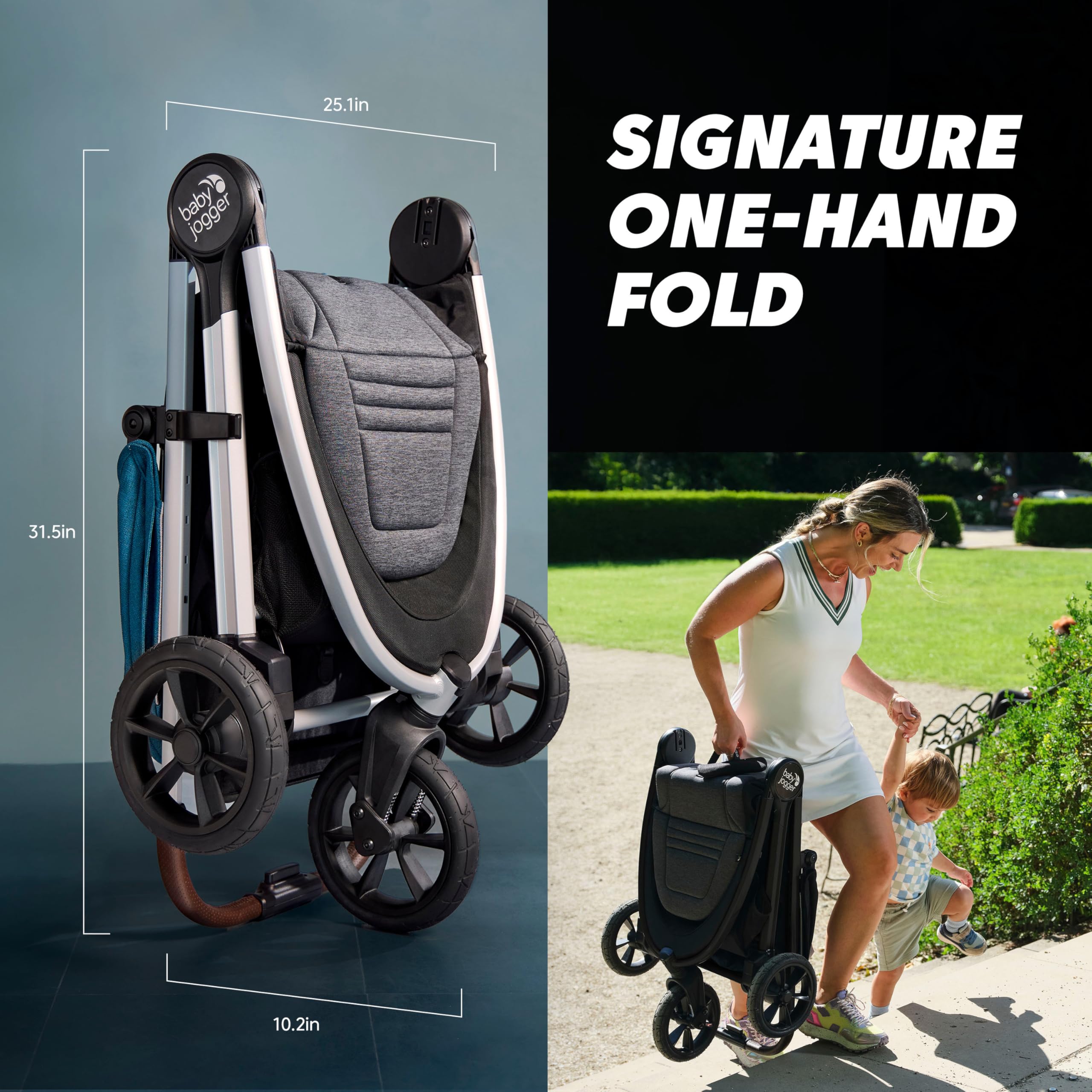 Baby Jogger® City Mini GT3 All Terrain Baby Stroller with Forever Air Rubber Tires, All Wheel Suspension, Lightweight Stroller with Magnetic Buckle, No-Rethread Harness, and Foot Brake, Rich Black