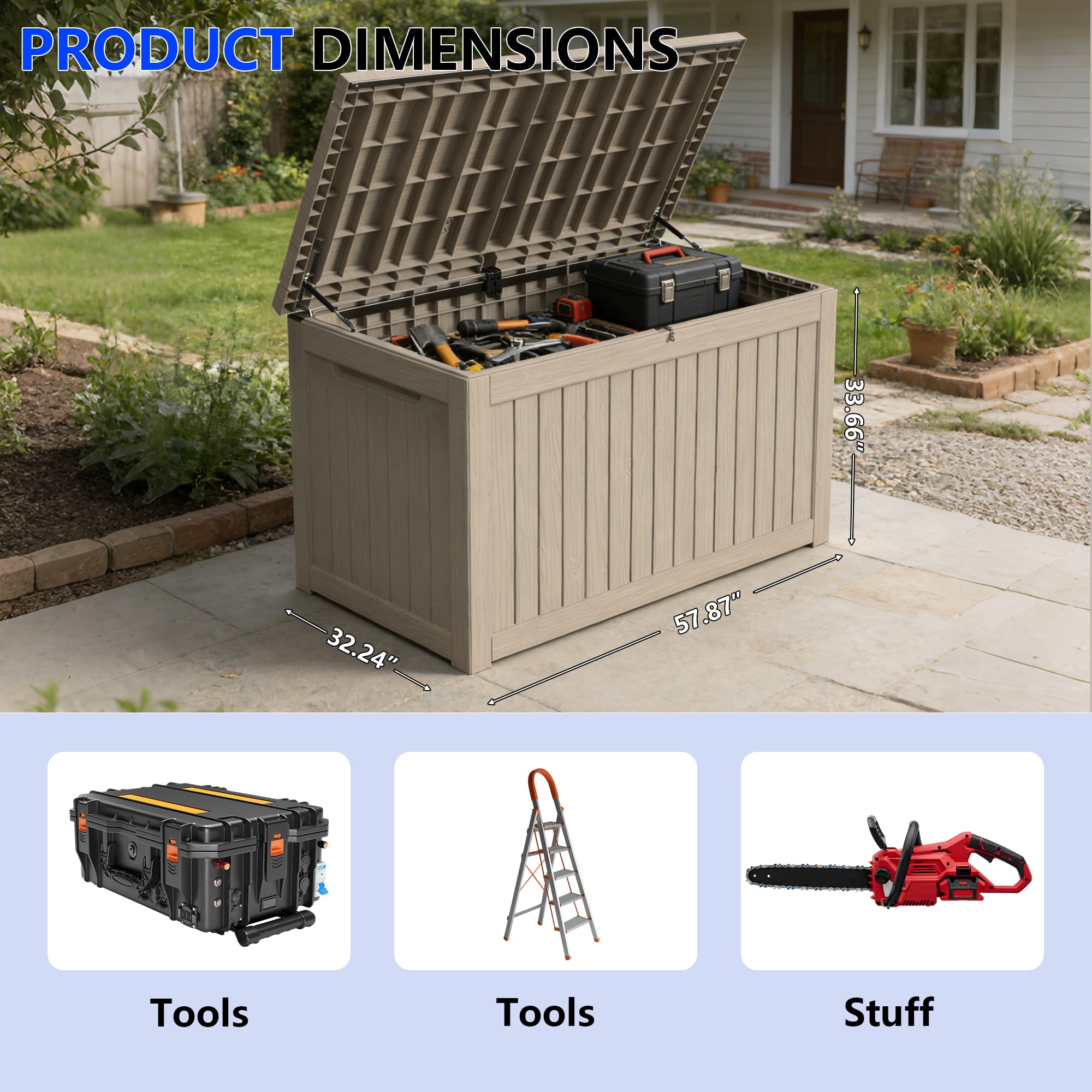 Decksplore 270 Gallon Outdoor Storage Box Resin Deck Box All Weather Waterproof Large Lockable Storage Container Deck Box for Patio Furniture, Garden Tools, Lockable, Grey