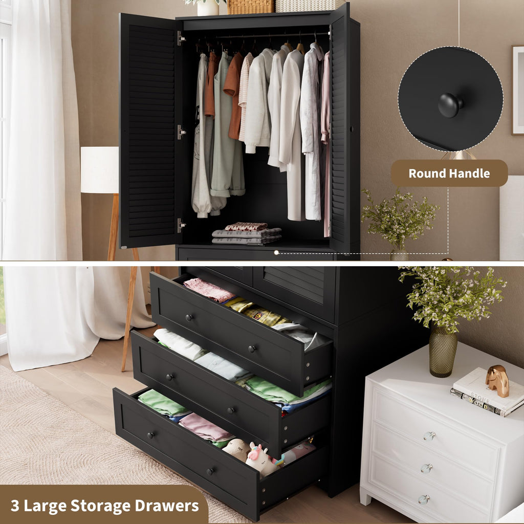 GarveeHome Armoire Wardrobe Closet with 3 Drawers, 69.5" Wooden Wardrobe Cabinet, Hanging Rod, 2 Doors Clothing Storage Cabinet for Bedroom, Large Capacity Storage, Louvered Door, Black