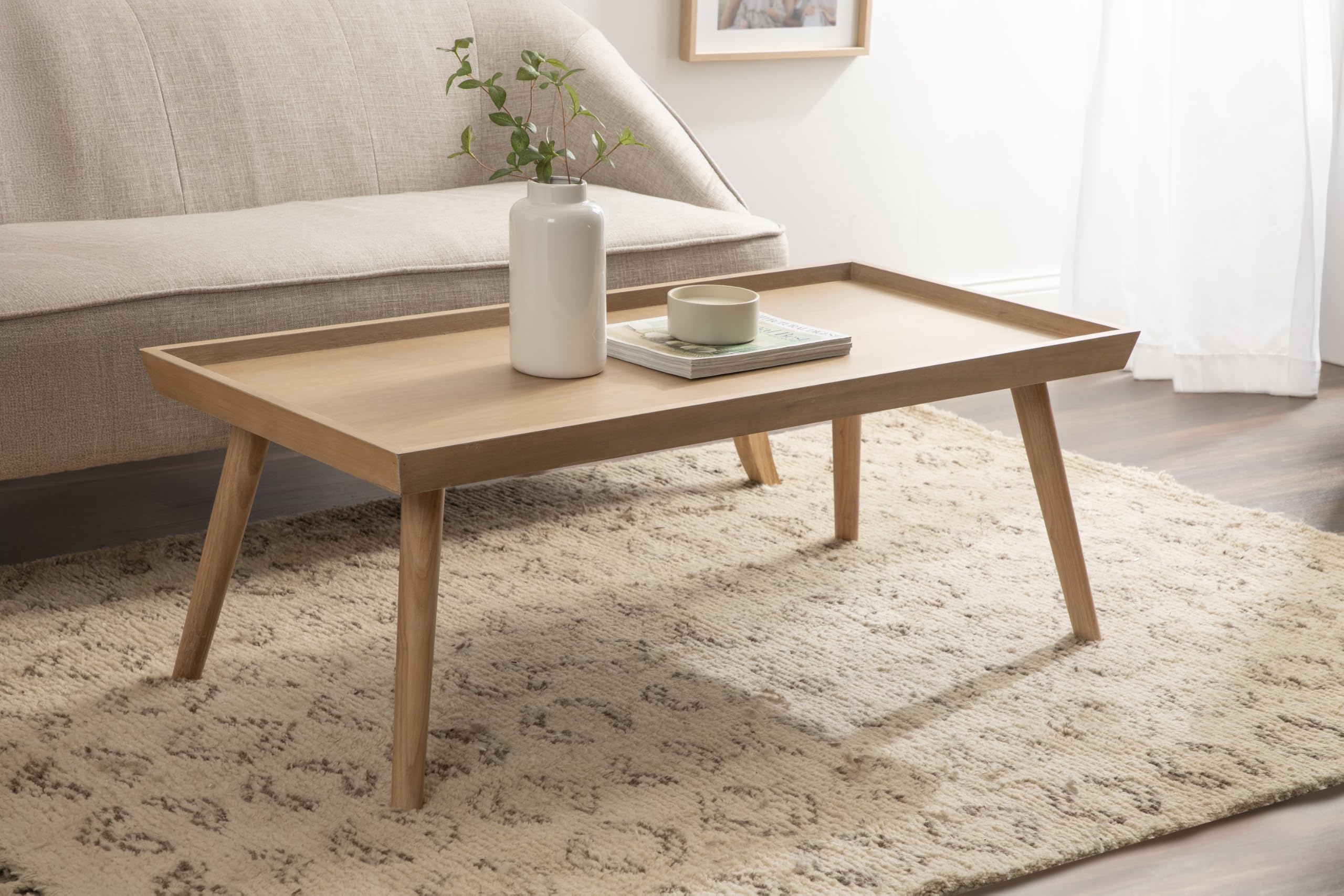 Kate and Laurel Eastmont Rectangle Wood Coffee Table; 46 x 22 x 17; Light Natural; Large Mid-Century Wooden Living Room Table with Stylish Tapered Legs and Adjustable Feet