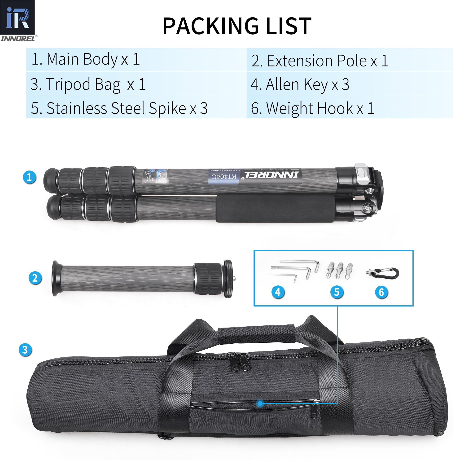 INNOREL KT404C Compact 10-Layer Carbon Fiber Camera Tripod 40mm Big Tube Professional Tripod for Digital DSLR Video Camcorder Heavy Duty Camera Stand Load 77lb/35kg with Center Column