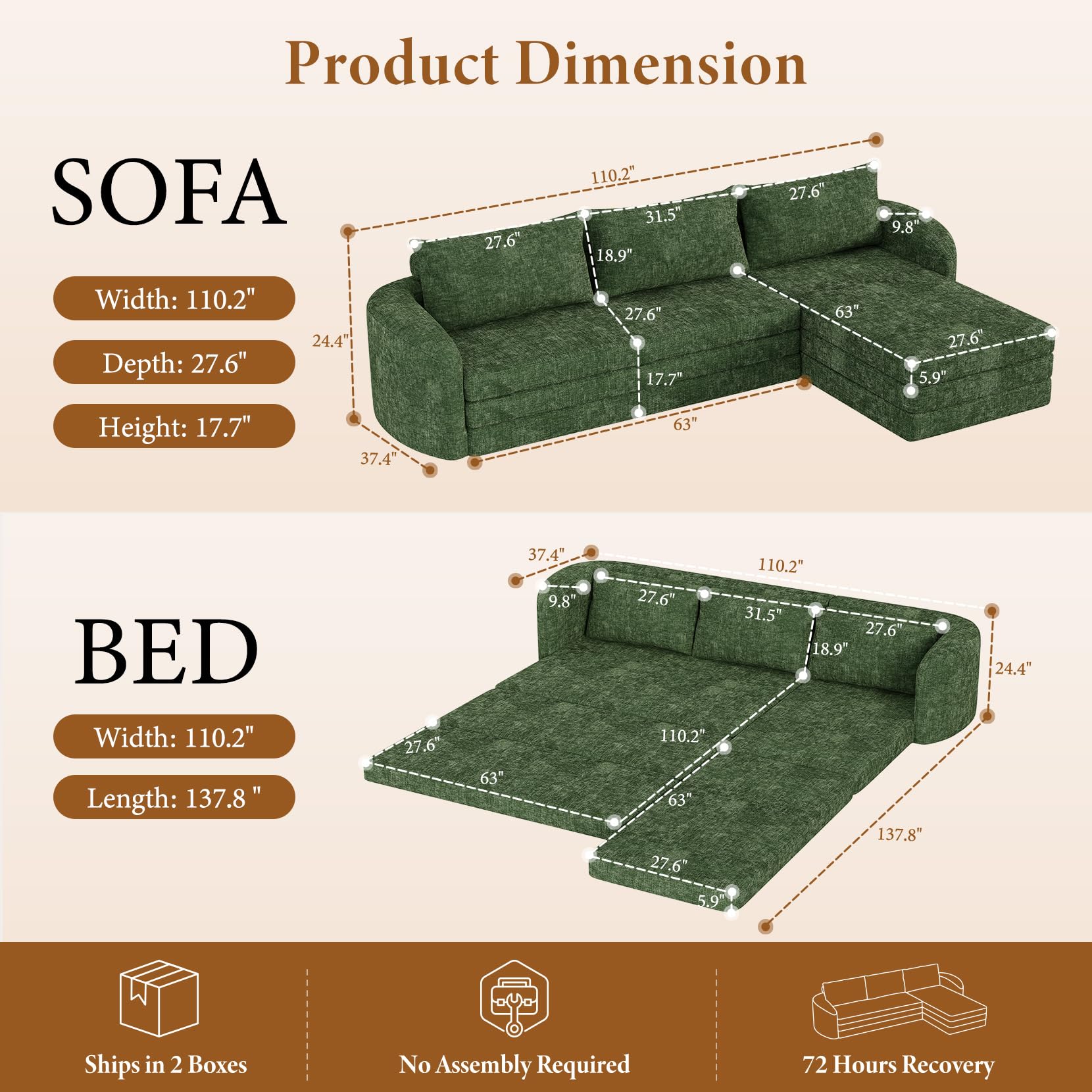 Vesgantti 110.2" Boneless Sectional Couch with Curved Armrest, 6 in 1 Convertible Folding Sleeper Sofa Bed, Chenille Modular Sofa for Living Room, No Assembly Required, Green, Right Facing Chaise