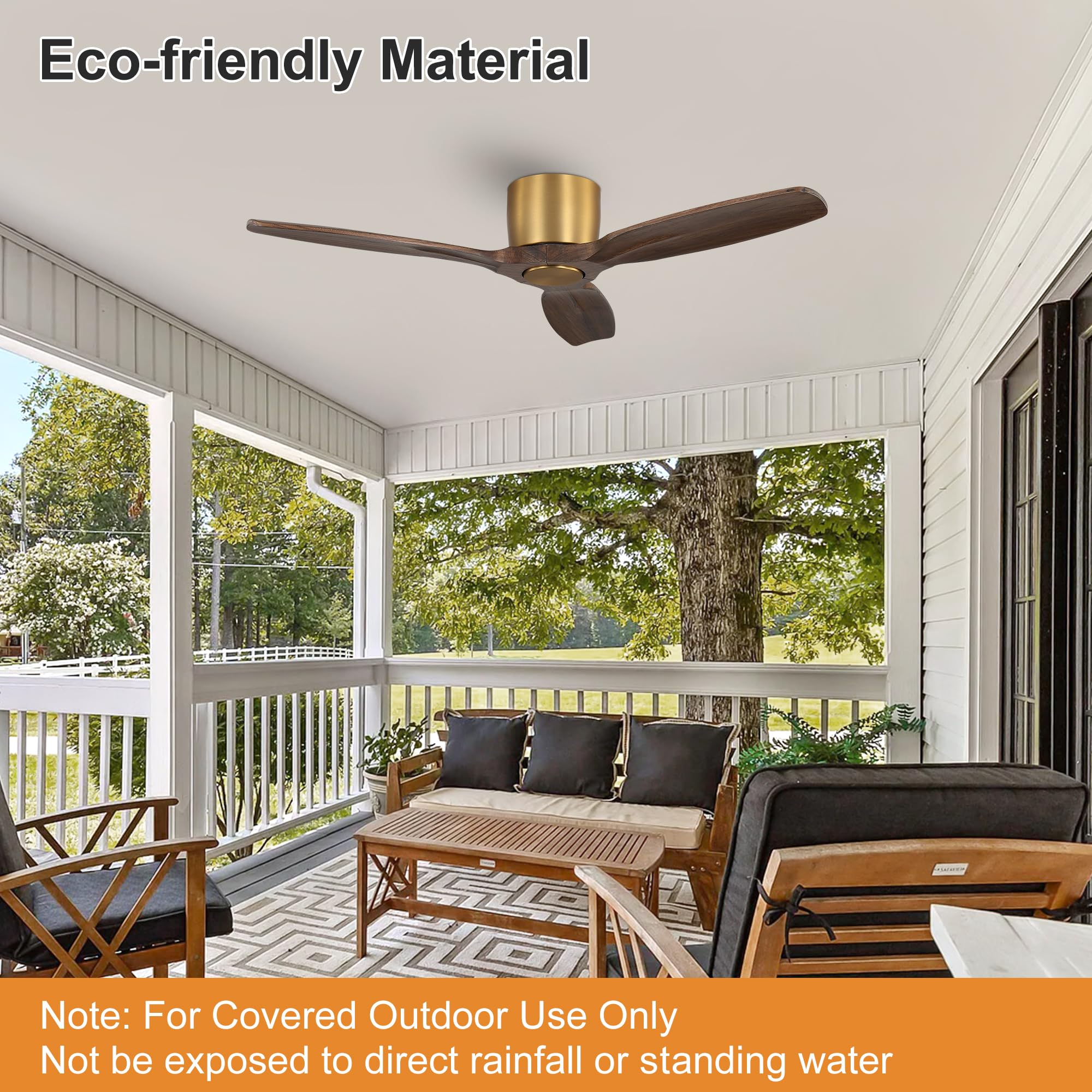WINGBO 48" Flush Mount Ceiling Fan No Light - 3 Carved Solid Wood Blades, 6-Speed Reversible DC Motor, Dimmable, 3CCT, Low Profile Ceiling Fans without Lights for Bedroom Living Room, Gold and Walnut