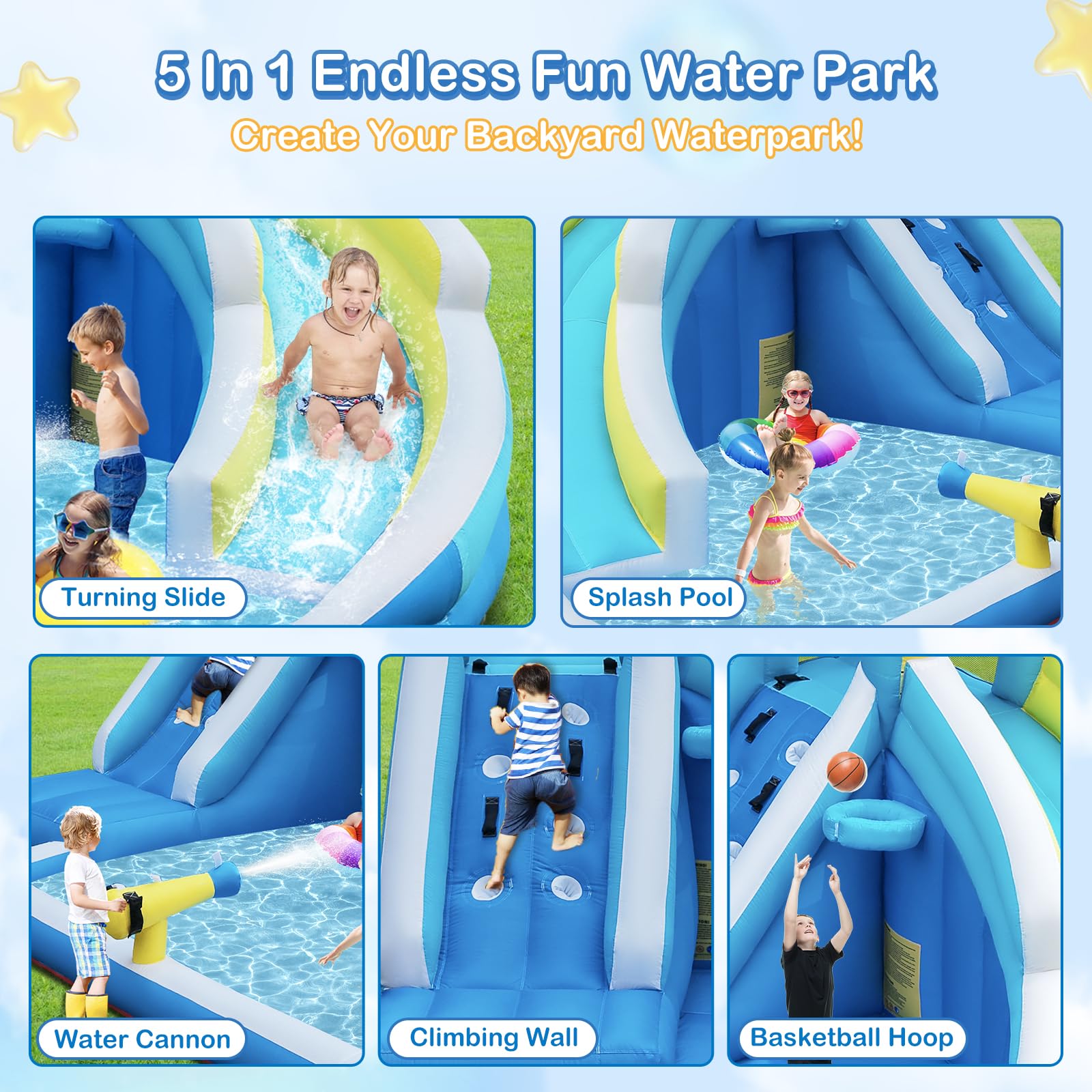 Seahorse Inflatable Water Slide for Kids Backyard | 5-in-1 Blow Up Splash Park with Climbing Wall, WaterSlide, Water Cannon, Basketball Hoop & 480W Blower| Indoor/Outdoor Toys for Ages 3+