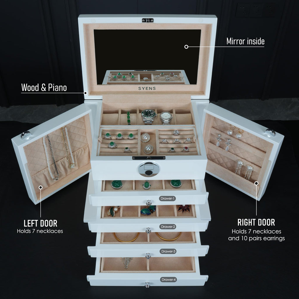 SYENS White Wood Jewelry Box, Large Size, Fingerprint Unlock, Seven Level Jewelry Organizer with Necklace Hanger and Mirror, High Gloss Lacquer Finish (5L-WT)