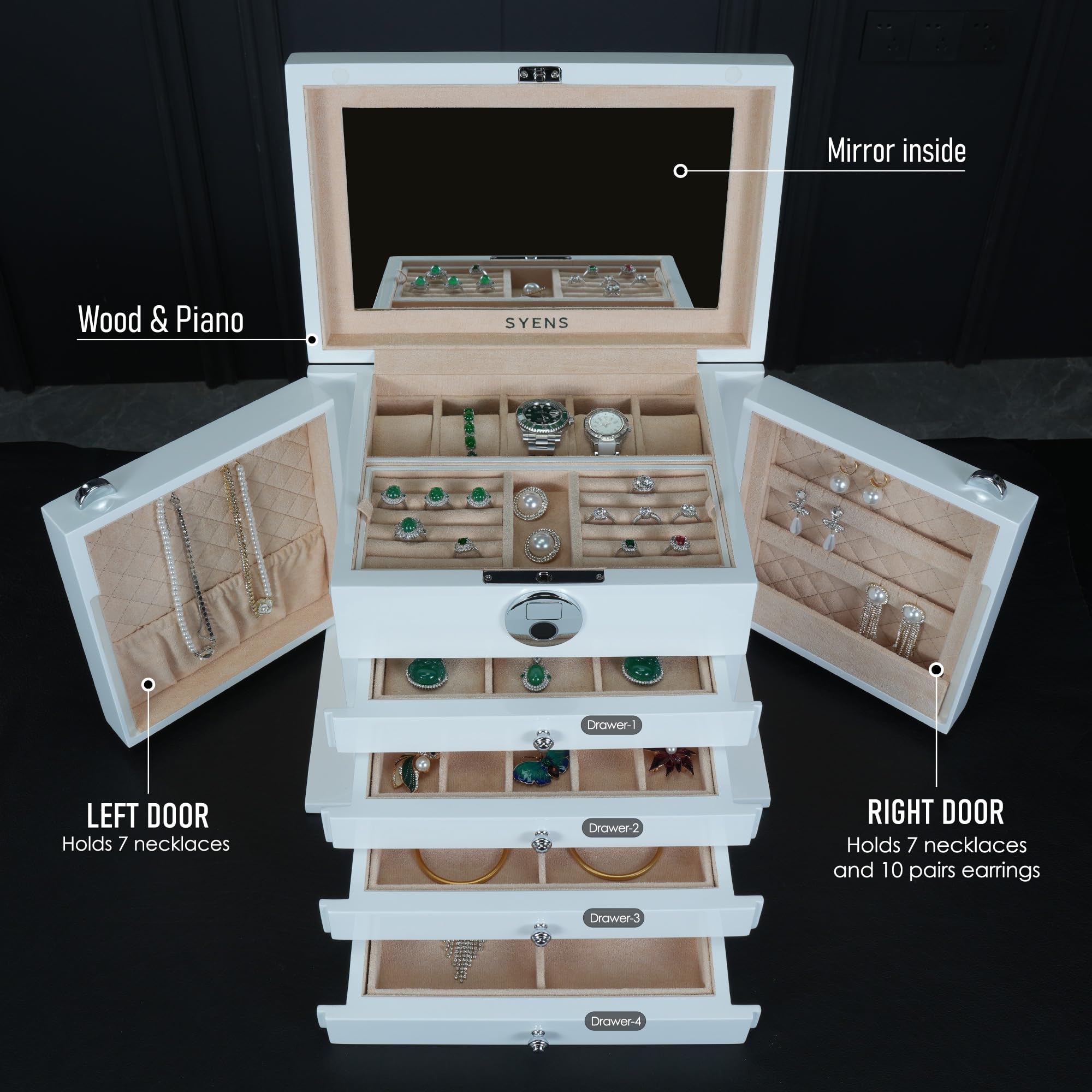 SYENS White Wood Jewelry Box, Large Size, Fingerprint Unlock, Seven Level Jewelry Organizer with Necklace Hanger and Mirror, High Gloss Lacquer Finish (5L-WT)