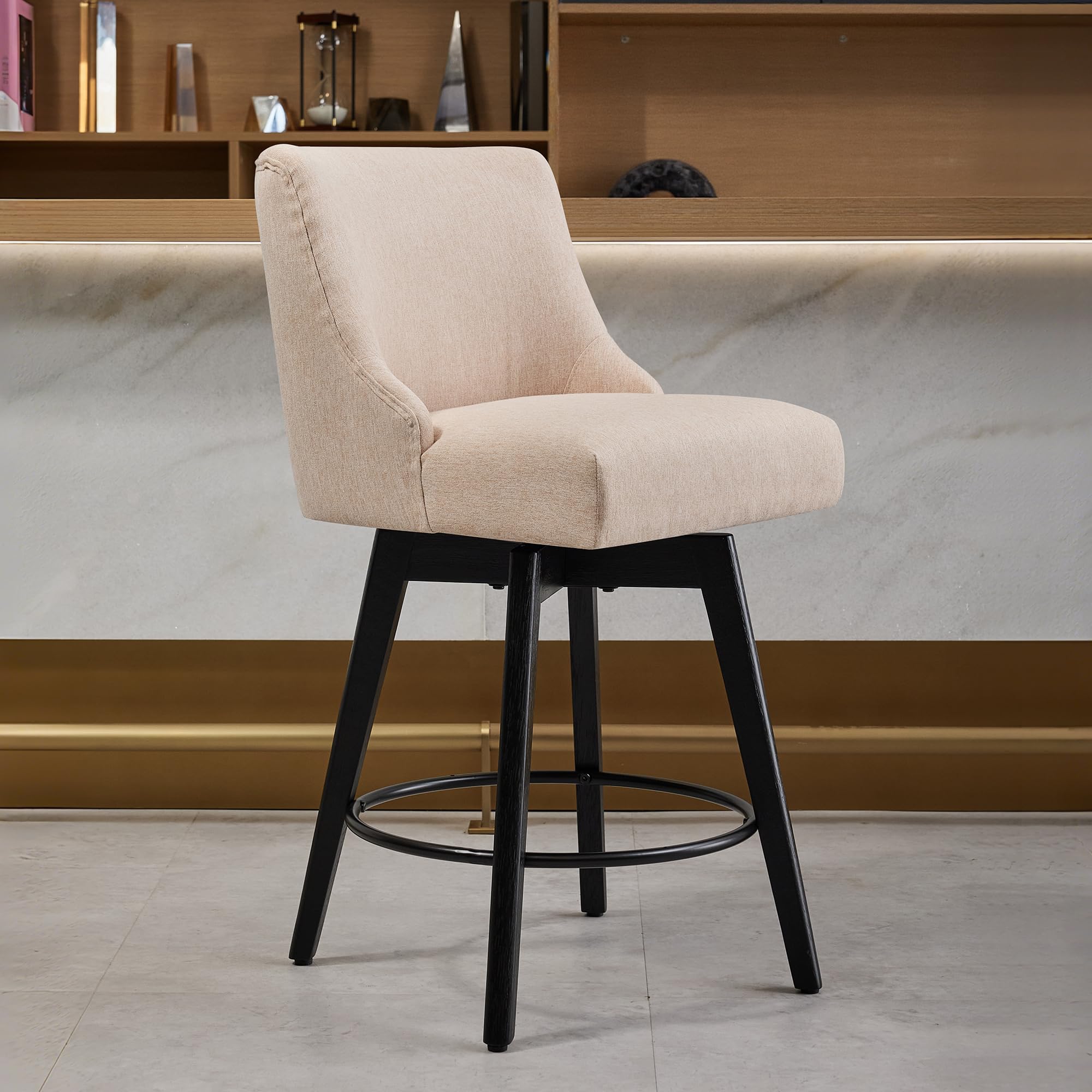 Vipbear Counter Height Bar Stools Set of 2, Modern Linen Fabric Swivel Barstools with Contoured Backs and Solid Wood Legs, 26" Seat Height Upholestered Bar Chairs for Kitchen Island, Flax Beige