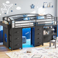 Low Loft Bed Twin Size with 7 Storage Drawers, Desk and LED Lights, Heavy Duty Metal Kids Loft Bed with 13.8" H Safety Guardrail, Anti-Collision Pad, Private Play Curtain, Under-Bed Play Space - Black