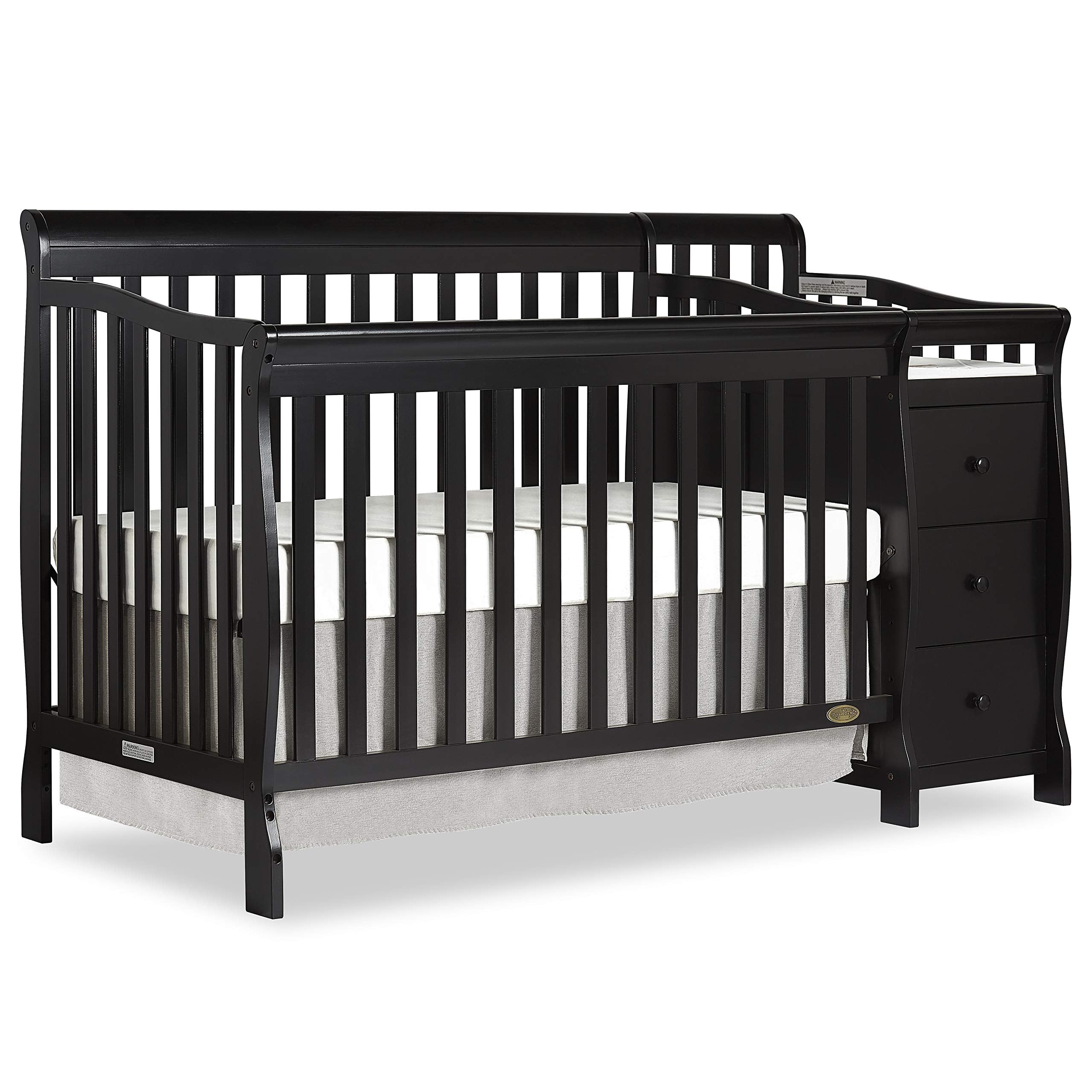 Dream On Me Brody 5-in-1 Convertible Full-Size Baby Crib & 3-Drawer Changer in Black, Pinewood, GreenGuard Gold & BSA, 1” Changer Pad, 3 Mattress Heights, Converts to Toddler & Full Size Bed