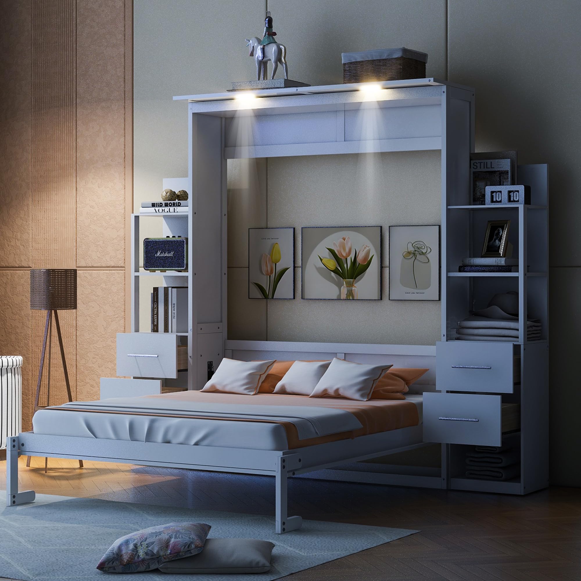 DNYN Queen Size Murphy Bed with 4 Storage Drawers & Shelf & Foldable & Wall Bedframe Design,for Small Space,Bedroom,Guest Room, White