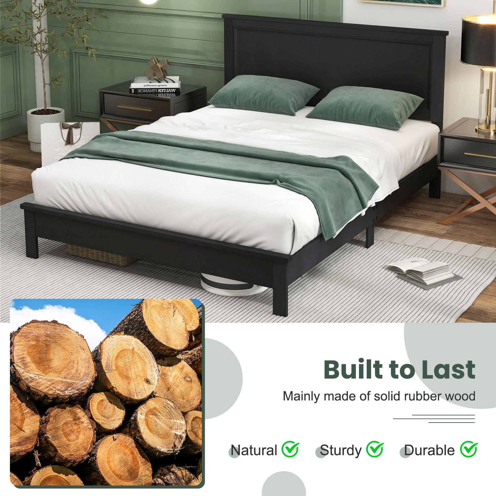 Giantex Wood Queen Platform Bed Frame with Headboard, Mid Century Bed Frame with Solid Wood Legs & Wooden Slat Support, Pallet Bed Mattress Foundation, No Box Spring Needed, Black