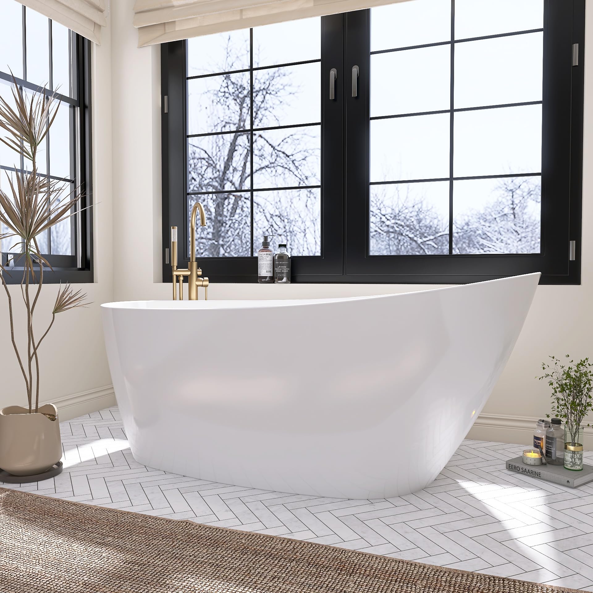 59" Free Standing Tub, Pure Acrylic Freestanding Bathtub, Stylish Stand Alone Contemporary Deep Soaking Bath Tub, cUPC Certified SY9950 (Glossy White)