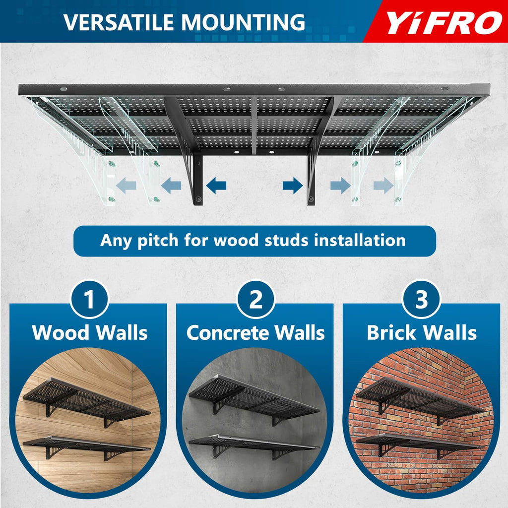 YIFRO 4-Pack 1.5x4ft Heavy Duty Garage Wall Shelving, 1000 lbs Load Capacity, Garage Shelving Wall Mounted, Storage Rack with Hooks, Black