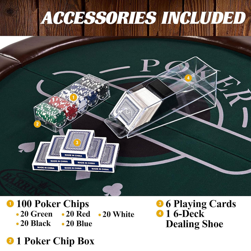 Barrington Billiards 6 Player Folding Round Card Table Casino Style 46 Inch Poker Table with Padded Rails, Cup Holders, and Poker Chips and Cards