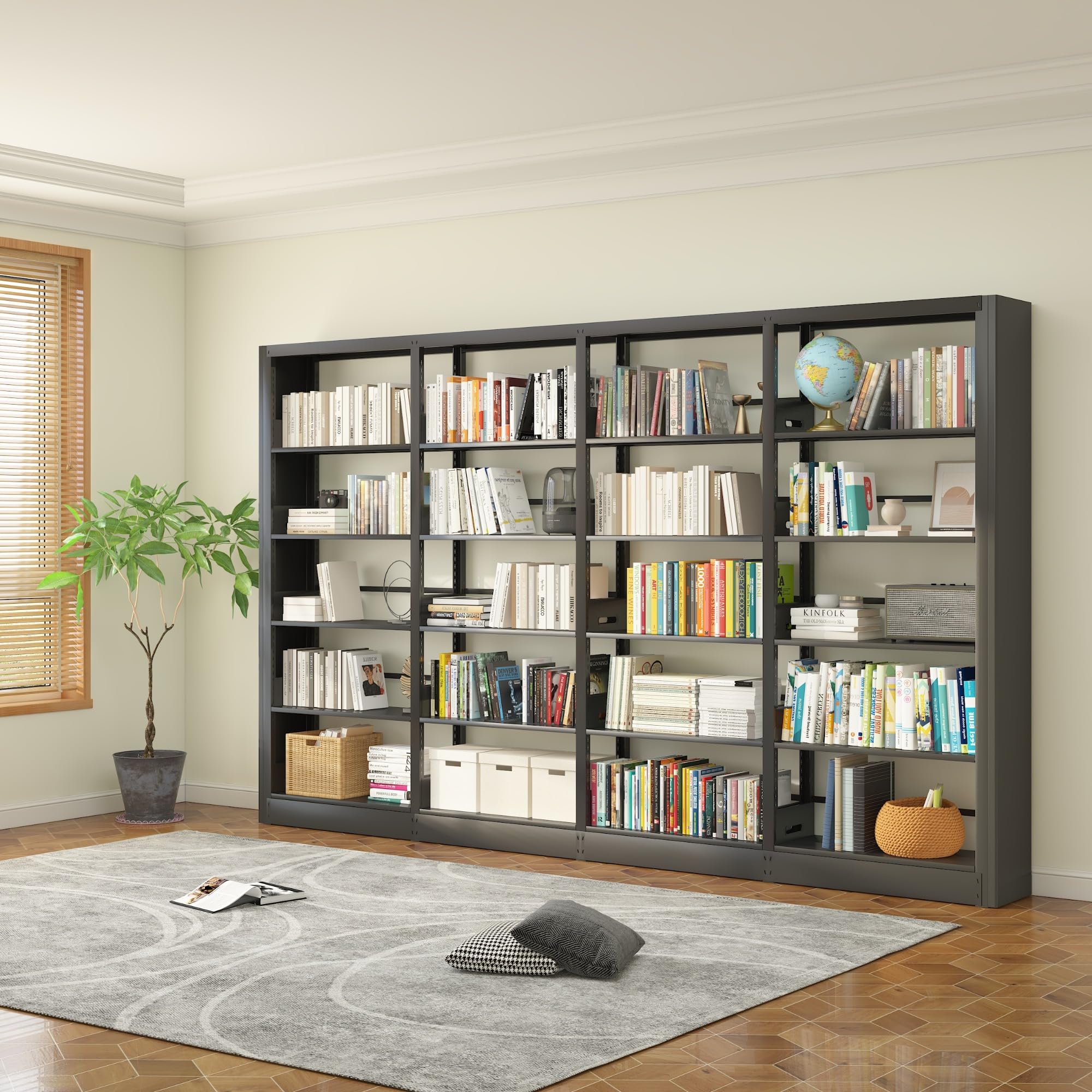 OSEILLC 5-Tier Black Bookshelf, Metal with Adjustable Storage Shelves, Freestanding Bookcases and Bookshelves, Wide Bookshelf for Home Office, Living Room, Including Book Stopper