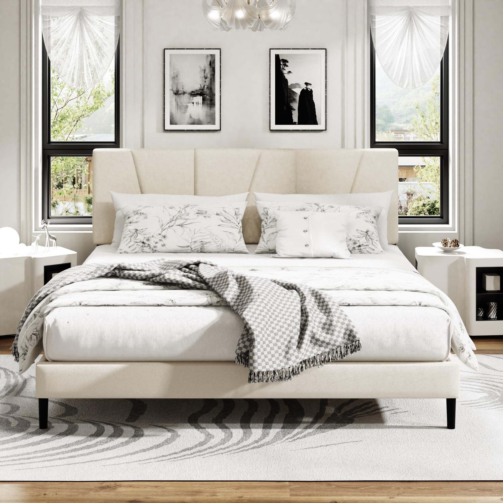 King Size Platform Bed Frame with Upholstered Headboard, Wooden Slats Support, Noise Free, No Box Spring Needed, Easy Assembly, Beige, Velvet