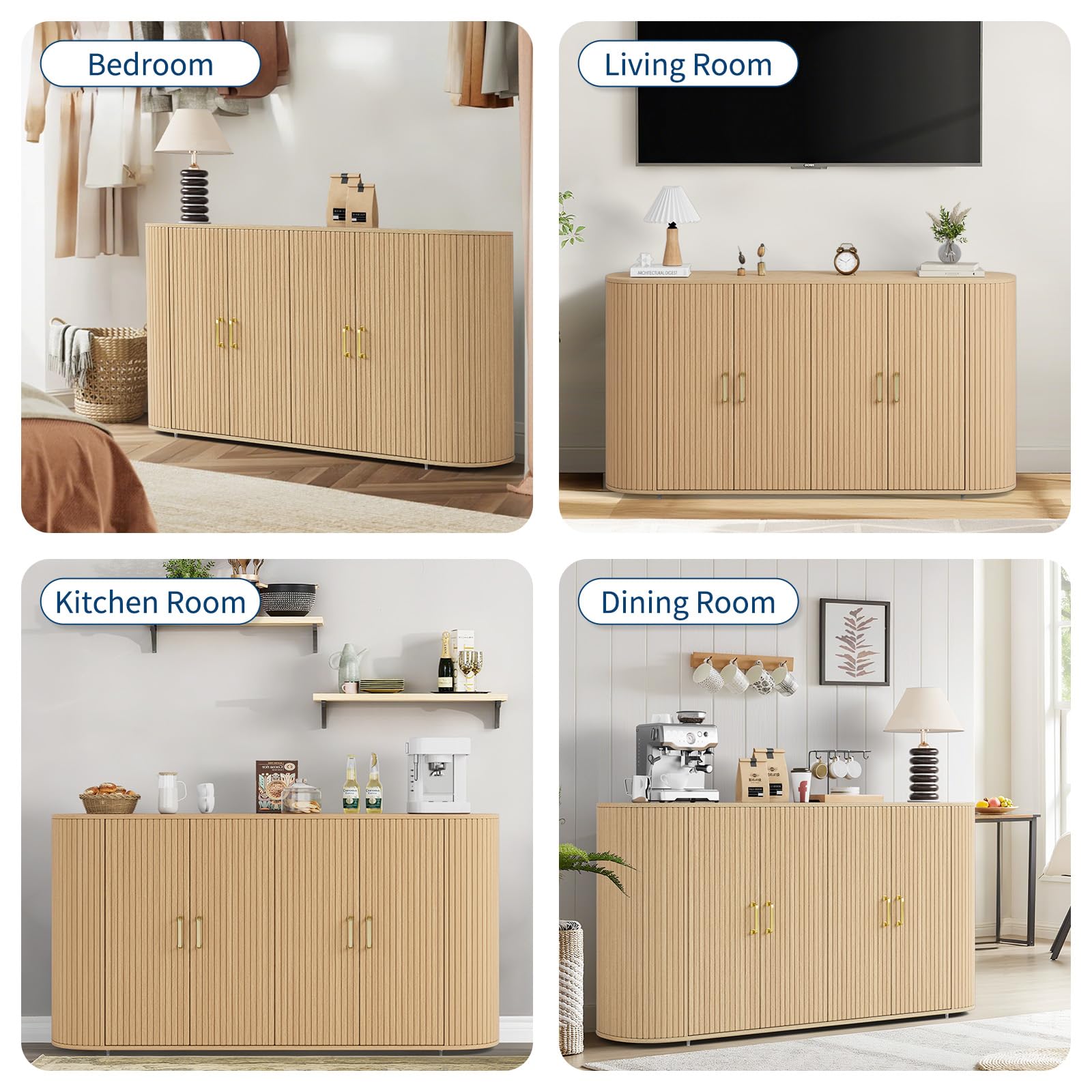 GarveeHome 63" Sideboard Buffet Cabinet with Storage, Modern Fluted Accent Credenza with Adjustable Shelves, Wood Coffee Bar with Curvy Edge, Console Table for Living Room Kitchen Dining Room Hallway