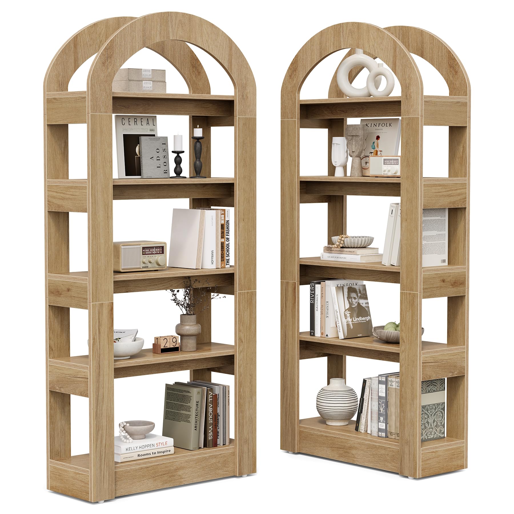 LITTLE TREE 5-Tier Bookshelf, Arch-Shaped Racks, Tall Standing Wooden Bookcase Display Shelf Modern Storage Solution (2, Teak Color)