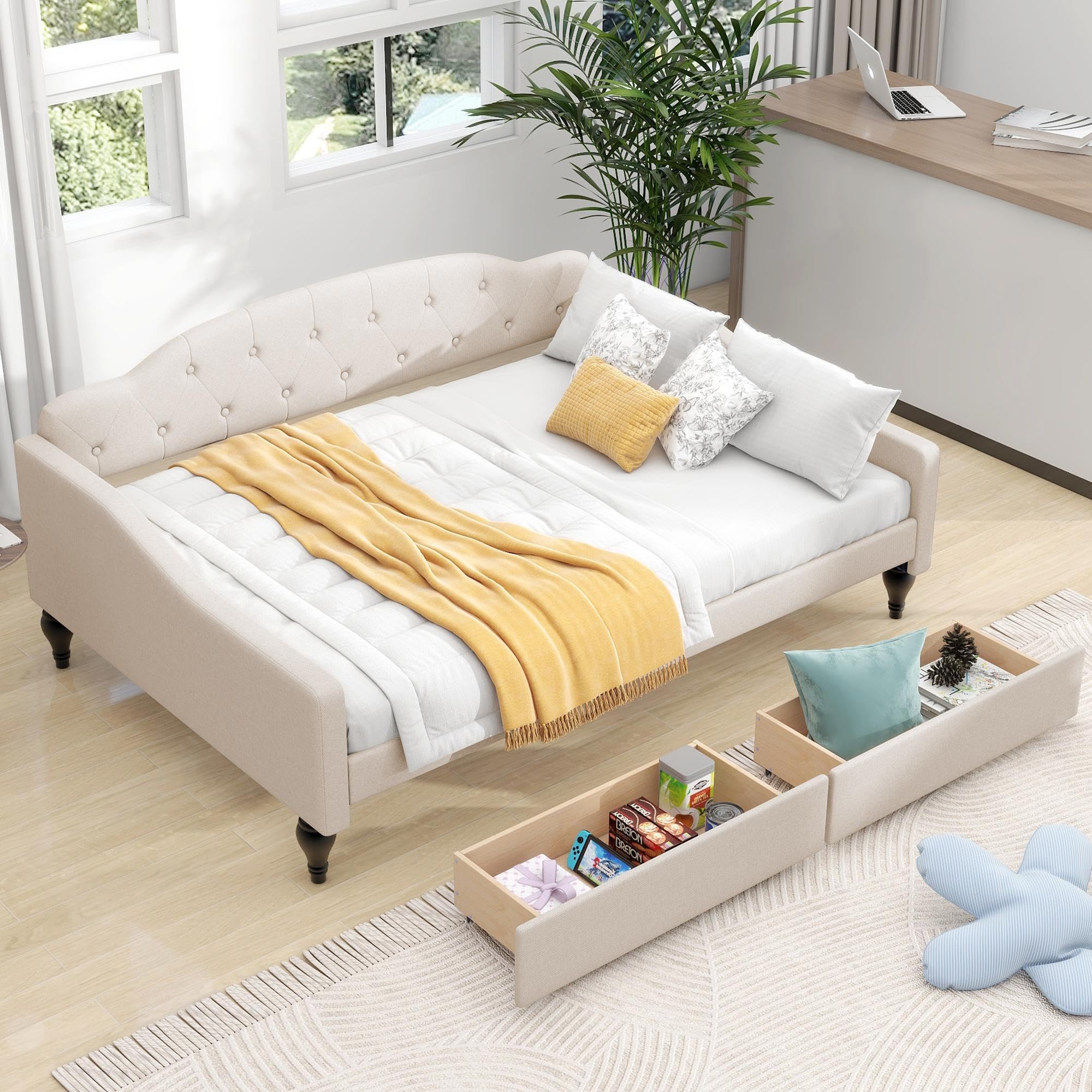 GDFStudio Full Size Upholstered Tufted Daybed with Two Storage Drawers – Linen Fabric, Solid Wood Frame, Space-Saving Design, Beige