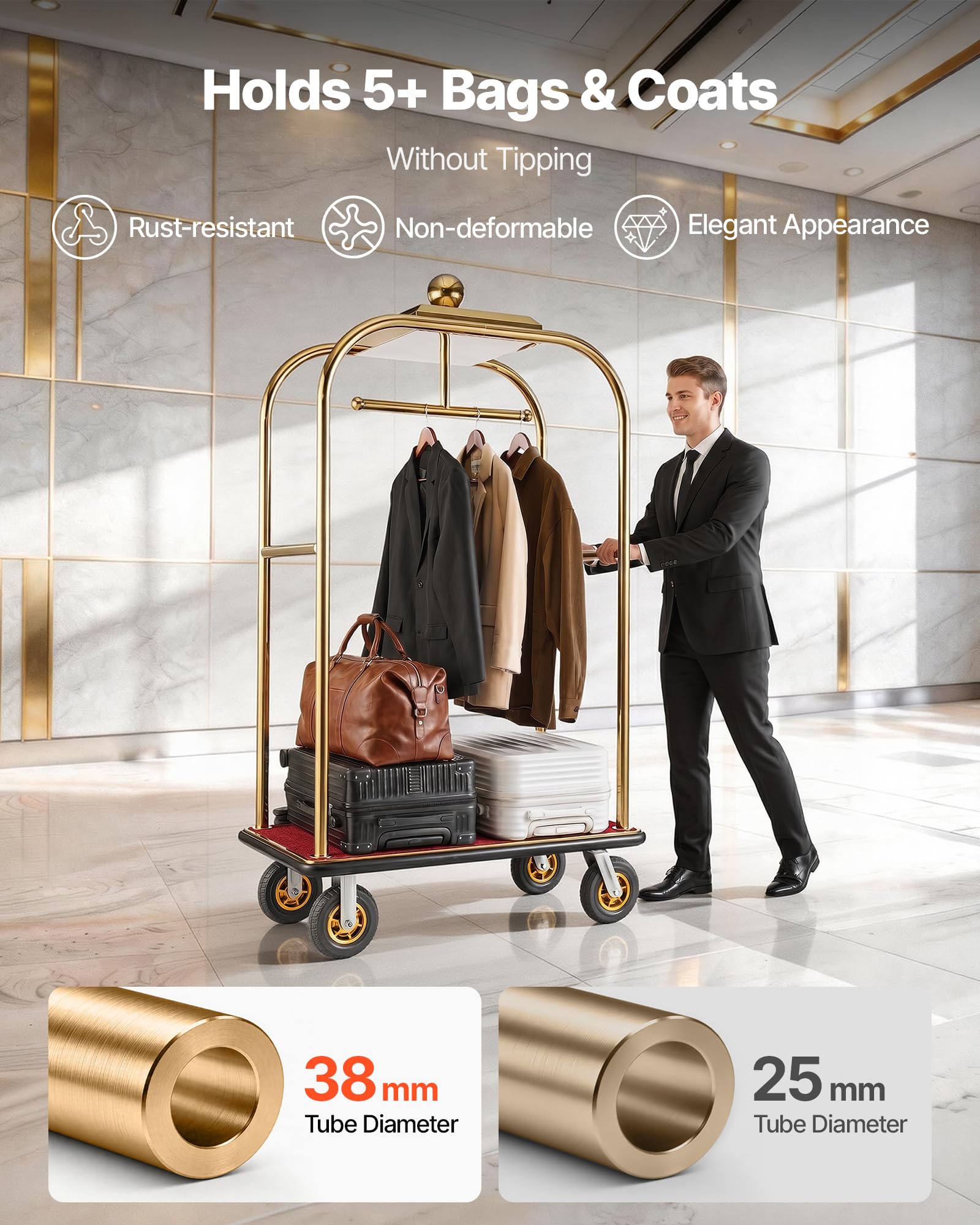 VEVOR Hotel Luggage Cart, 1200 lbs Heavy Duty Bellman Cart with Stainless Steel Frame, 8 in Rubber Wheels, Red Carpeted Deck, Commercial Luggage Carrier Rolling Trolley for Hotels, Resorts, Gold